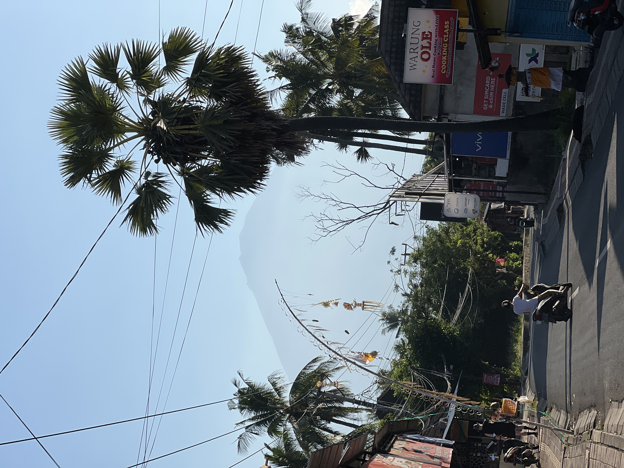 A street scene in Abang, Indonesia, features a road with a gentle upward slope, flanked by buildings and lush vegetation. A person on a scooter rides away from the viewer. Several palm trees, including a prominent fan palm, are visible, and a distant, hazy mountain looms in the background under a clear blue sky. Overhead, a network of electrical wires crisscrosses the frame. Signs advertising "WARUNG OLE," "COOKING CLASS," and "GET SIMCARD & eSIM HERE" are displayed on buildings. The lighting suggests it is either early morning or late afternoon, with long shadows cast across the road.