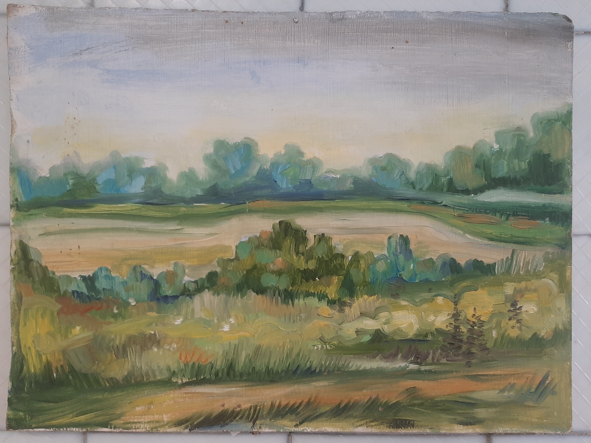 An impressionistic oil painting on board depicts a landscape with rolling hills and trees under a hazy sky. The foreground is a riot of green and yellow brushstrokes, suggesting tall grass and possibly wildflowers. In the middle ground, there are areas of cultivated fields, indicated by lighter brown and tan tones, separated by green foliage and more distant trees. The background features a line of trees with rounded, soft-edged forms, painted in various shades of green and blue-green. The sky is a blend of pale blue and grey, with a hint of yellow near the horizon, suggesting either early morning or late afternoon light. The overall impression is one of a peaceful, rural scene, with the application of paint being loose and expressive rather than highly detailed. The painting appears to be unframed, with the edges of the board showing some wear and tear.