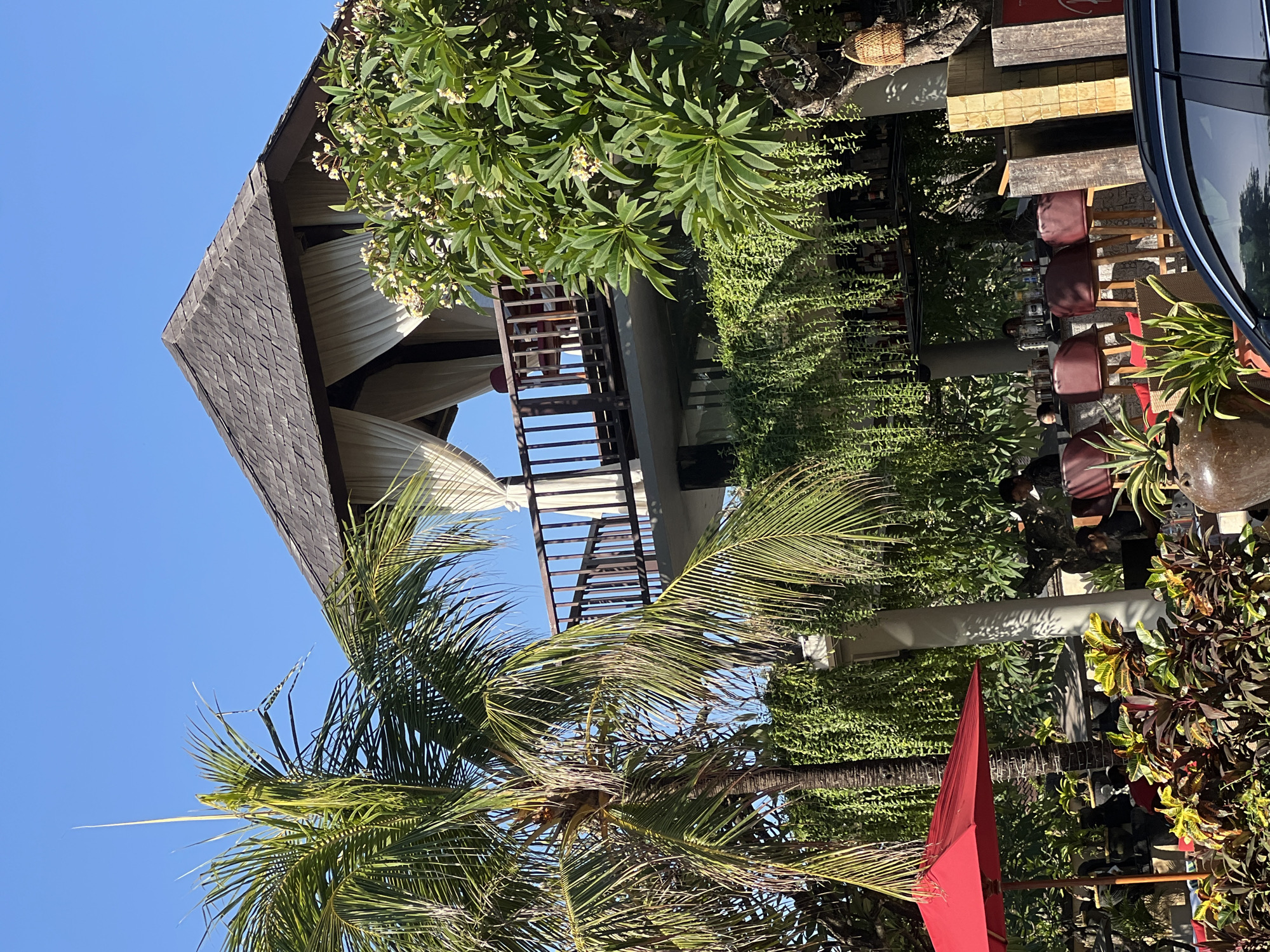 The image depicts an outdoor dining area in Kuta, Indonesia, characterized by lush vegetation and a tropical ambiance. In the foreground, a vibrant red umbrella shades a seating area adorned with colorful foliage. Behind this, a bar with maroon stools is visible, with patrons seated and engaged in conversation. The backdrop features a multi-story building with an upper-level balcony, screened by white curtains, and topped with a traditional Balinese-style roof. A tall palm tree to the left and a flowering tree to the right frame the scene, reinforcing the tropical setting. The sky is a clear, bright blue.