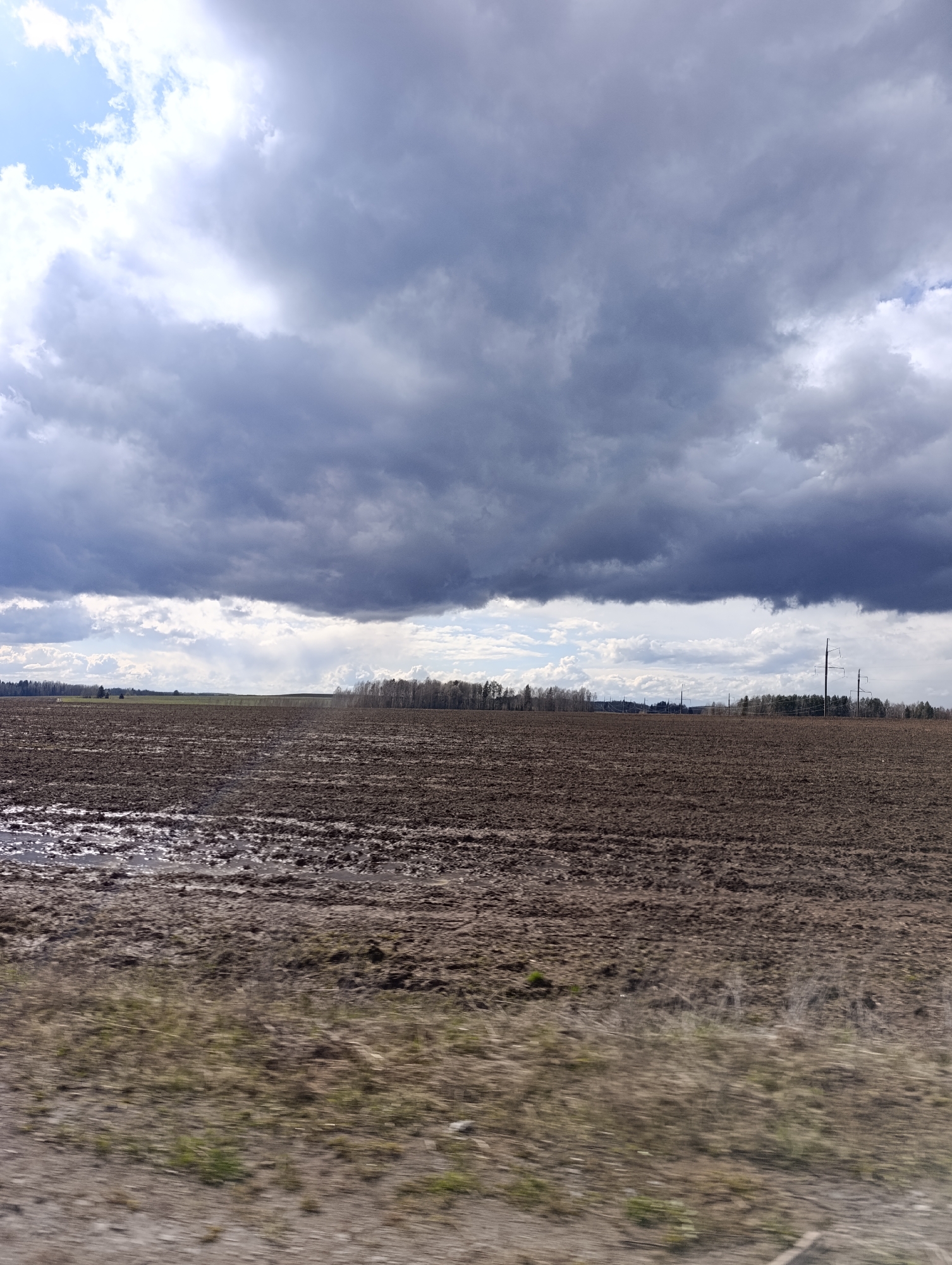 The image presents a vast, open agricultural landscape under a dramatic, heavily clouded sky. A large, tilled field of dark brown soil occupies the midground, stretching from the foreground to the distant horizon. Portions of the field, particularly on the left, appear muddy with standing water reflecting the sky, indicating recent rainfall or wet conditions.
The sky above is dominated by an expanse of heavy, dark grey storm clouds, suggesting unsettled weather. However, patches of bright white clouds and glimpses of blue sky are visible towards the top left and along the distant horizon, hinting at some breaks in the cloud cover.
A dense line of bare, deciduous trees forms the horizon, separating the field from the lighter sky band just above it. In the far distance on the right, several tall power line pylons are visible against the horizon.
The immediate foreground shows blurred ground with sparse, dry grass and dirt, strongly suggesting the photograph was captured from a moving vehicle. The scene depicts a rural, possibly agricultural, setting during daytime, likely in late winter or early spring given the bare trees. There is no discernible activity taking place, nor is any text visible.