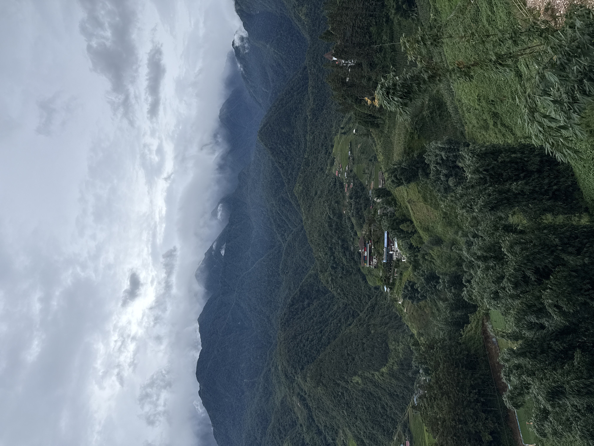 The image depicts a panoramic view of Sa Pa Ward, Vietnam, characterized by rolling green mountains under a cloudy sky. The landscape is a tapestry of lush vegetation, with dense forests covering the slopes and terraced fields carved into the hillsides. Small clusters of houses and buildings are nestled within the valleys and perched on the mountainsides, suggesting human habitation and agriculture. The cloudy atmosphere casts a soft, diffused light over the scene, creating a sense of depth and mystery. The overall impression is one of a serene and picturesque mountain village, possibly captured during the wet season or on an overcast day.