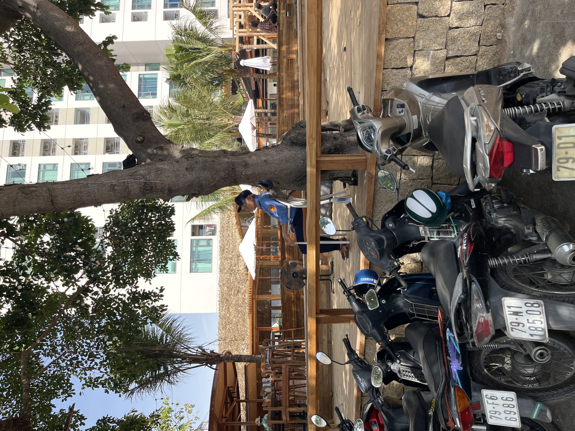 The image depicts an outdoor area with several motorbikes parked on a wooden deck in front of a stone wall. Behind the deck, there is a thatched-roof structure with outdoor seating, possibly a cafe or restaurant. Further in the background, a modern white building with multiple floors and balconies rises into a clear blue sky. A large tree with visible lights strung on its branches stands prominently in the foreground, partially obscuring the view of the building and the thatched structure.
In the middle ground, a person is seated on a chair under the tree, facing to the right. They are wearing a blue uniform and a dark cap, and appear to be looking away from the camera. Another person, wearing a plaid shirt, is sitting on a wooden structure in the far background, along with at least one other individual. In the foreground, several motorbikes are parked side-by-side. Their license plates are visible, with some showing alphanumeric characters and numbers such as "79-F6 6986" and "79-N1 18508".
The scene suggests a location in Bac Nha Trang Ward, Vietnam, given the style of the motorbikes, the architecture of the building, and the presence of palm trees, which are common in coastal Vietnamese cities. The overall atmosphere is relaxed and casual, indicative of a tourist or leisure area.