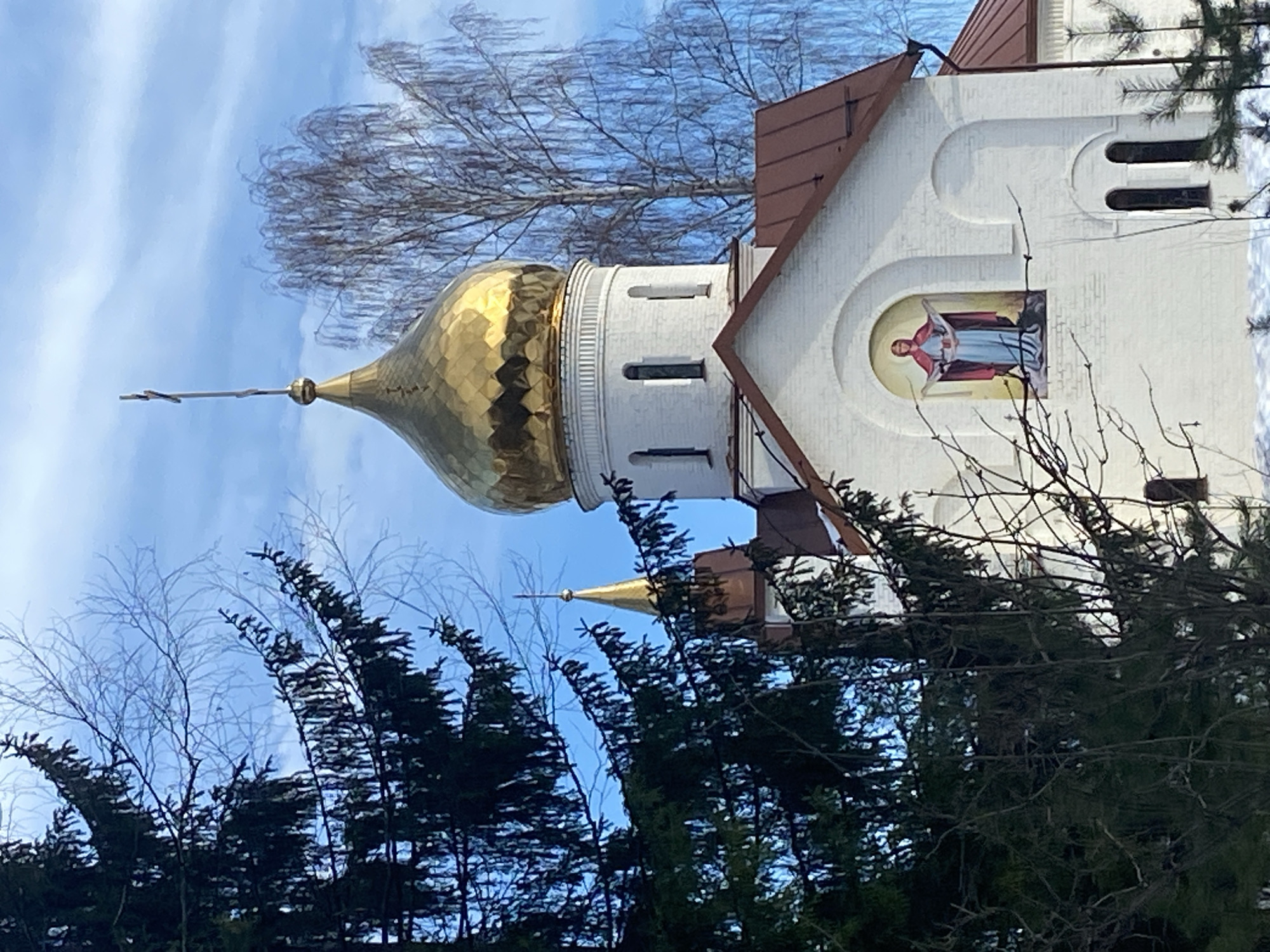 The image displays an exterior view of an Eastern Orthodox church situated in the city of Noviy, Russia. The scene is illuminated by daylight under a blue sky featuring scattered white clouds, indicating a cold season with snow visible on the ground adjacent to the church's base.
The central subject is a white-walled structure, likely constructed of brick or stucco. A prominent, textured golden onion dome, surmounted by a metallic cross, crowns the primary section of the church. This dome rests upon a cylindrical drum detailed with multiple narrow, vertical windows. A second, smaller golden spire is partially visible to the left of the main dome. Sections of the church are covered by brown-colored pitched roofs. An arched recess on the main facade houses a religious icon or fresco, depicting a robed figure, identifiable as possibly female, with arms extended laterally, adorned in a red mantle over a blue tunic. Below this fresco, two tall, arched windows with dark panes are visible.
In the immediate foreground on the left, a large, dark green coniferous tree partially obscures the church. In the background, primarily on the right side, several bare deciduous trees are visible. No live individuals, explicit actions, or direct interactions are depicted in the scene.