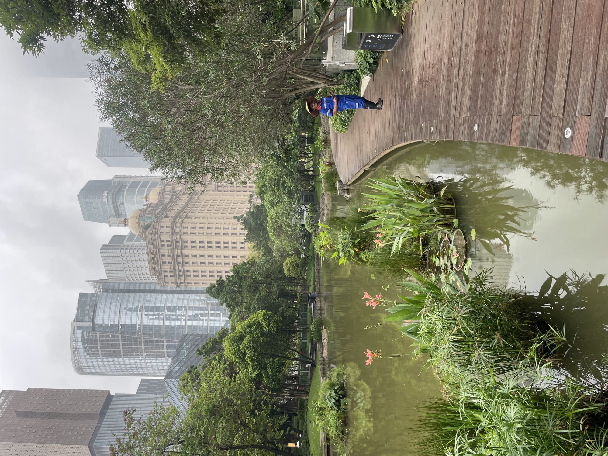 The image captures a tranquil scene in Tianhe District, China. A serene pond borders a wooden walkway in a park setting. The pond's surface reflects the lush green trees lining its edge, and glimpses of city skyscrapers rise in the background. A lone figure, clad in blue work clothes and a traditional straw hat, stands on the wooden walkway near a trash receptacle. The environment is green with various plants and trees visible.