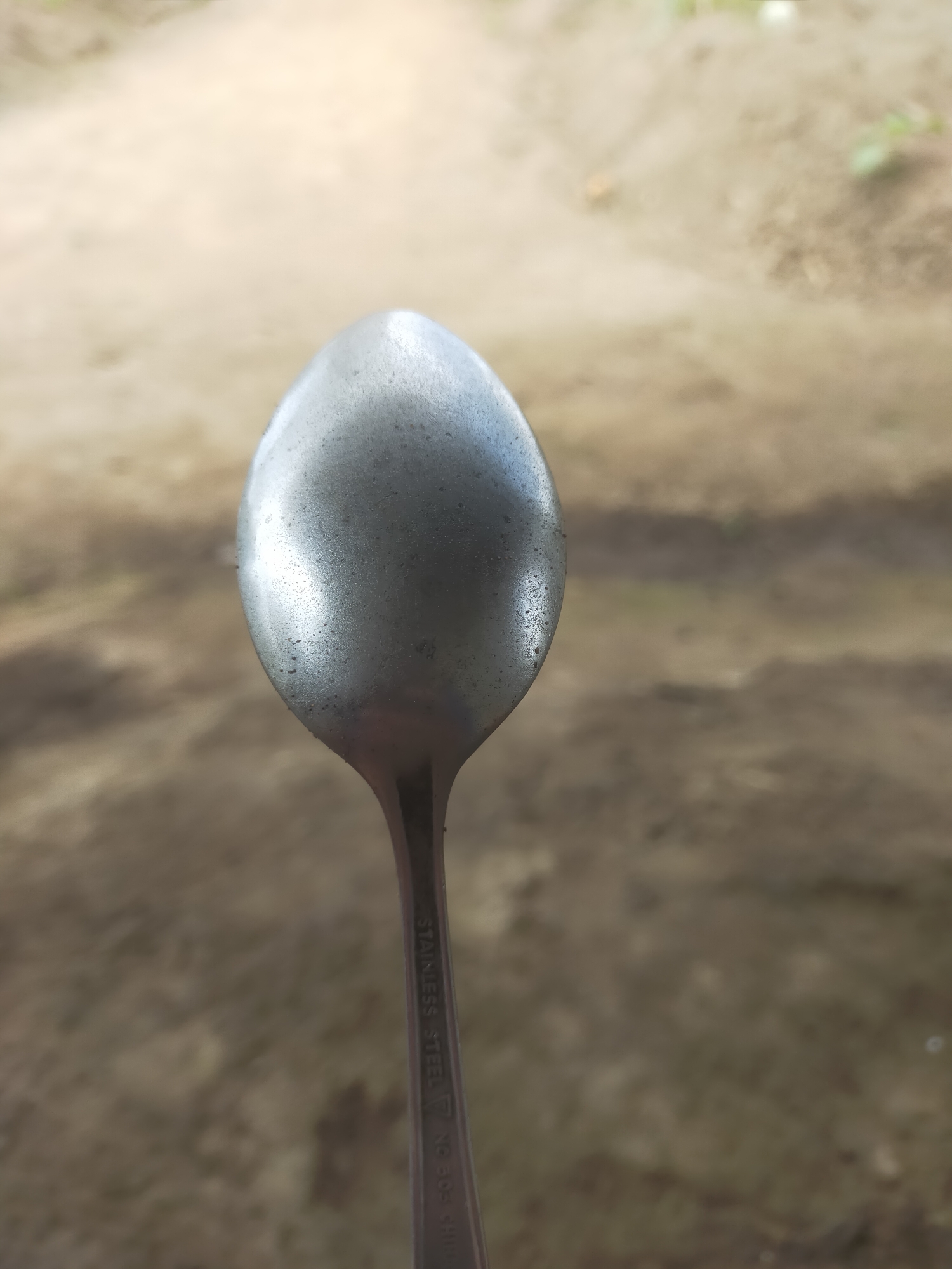A close-up, shallow depth of field shot shows the metallic bowl of a spoon held in the foreground. The spoon is made of stainless steel and has some visible smudges and minor imperfections on its surface. The handle of the spoon is visible extending downwards and has text engraved on it, though it is partially obscured. The background is out of focus, appearing as a blur of earthy tones, suggesting an outdoor environment. The lighting appears to be natural daylight, casting a subtle sheen on the spoon. The scene is devoid of any people or specific landmarks that would indicate a precise location within Padang Dalom, Indonesia.