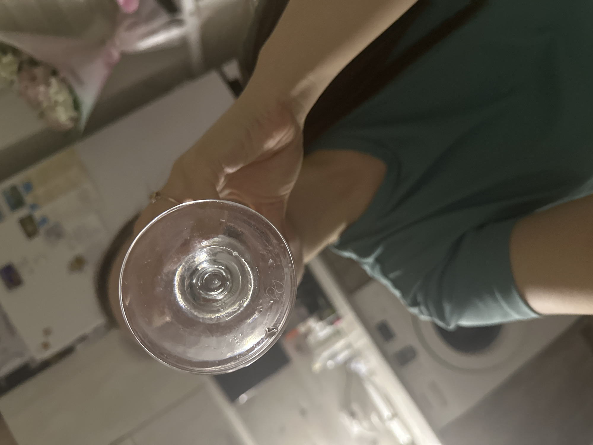 A close-up, slightly angled view shows a person holding an empty wine glass. The person is wearing a green t-shirt and a ring on their finger. In the background, partially visible, are a bouquet of flowers, kitchen cabinets, and a washing machine. The location may be an apartment or house in Chaikovsky, Russia.
