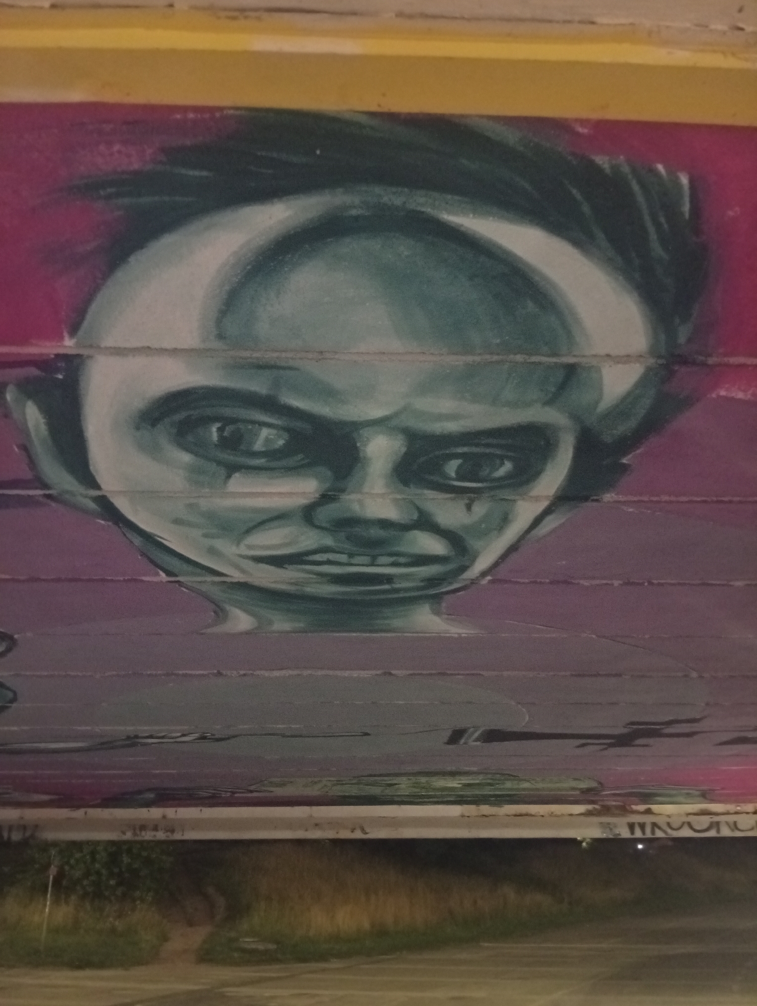 This is a photograph of graffiti on the underside of a bridge in Wrocław, Poland. The graffiti depicts a stylized, distorted portrait of a person, possibly a clown or a character with exaggerated features. The portrait is rendered in shades of gray and black, with highlights of pink in the background. The face is characterized by large, wide-set eyes with dark circles underneath, a downturned mouth with visible teeth, and a receding hairline. The overall impression is one of a somewhat sinister or unsettling character. The graffiti is painted horizontally across what appears to be a concrete surface, marked by horizontal lines that suggest the texture or construction of the bridge. Below the graffiti, the image shows the ground beneath the bridge, with dry grass, a dirt path, and some vegetation. The lighting suggests it is either dusk or nighttime, with artificial light sources faintly illuminating the scene. The graffiti is a prominent element of the composition, dominating the upper portion of the frame.