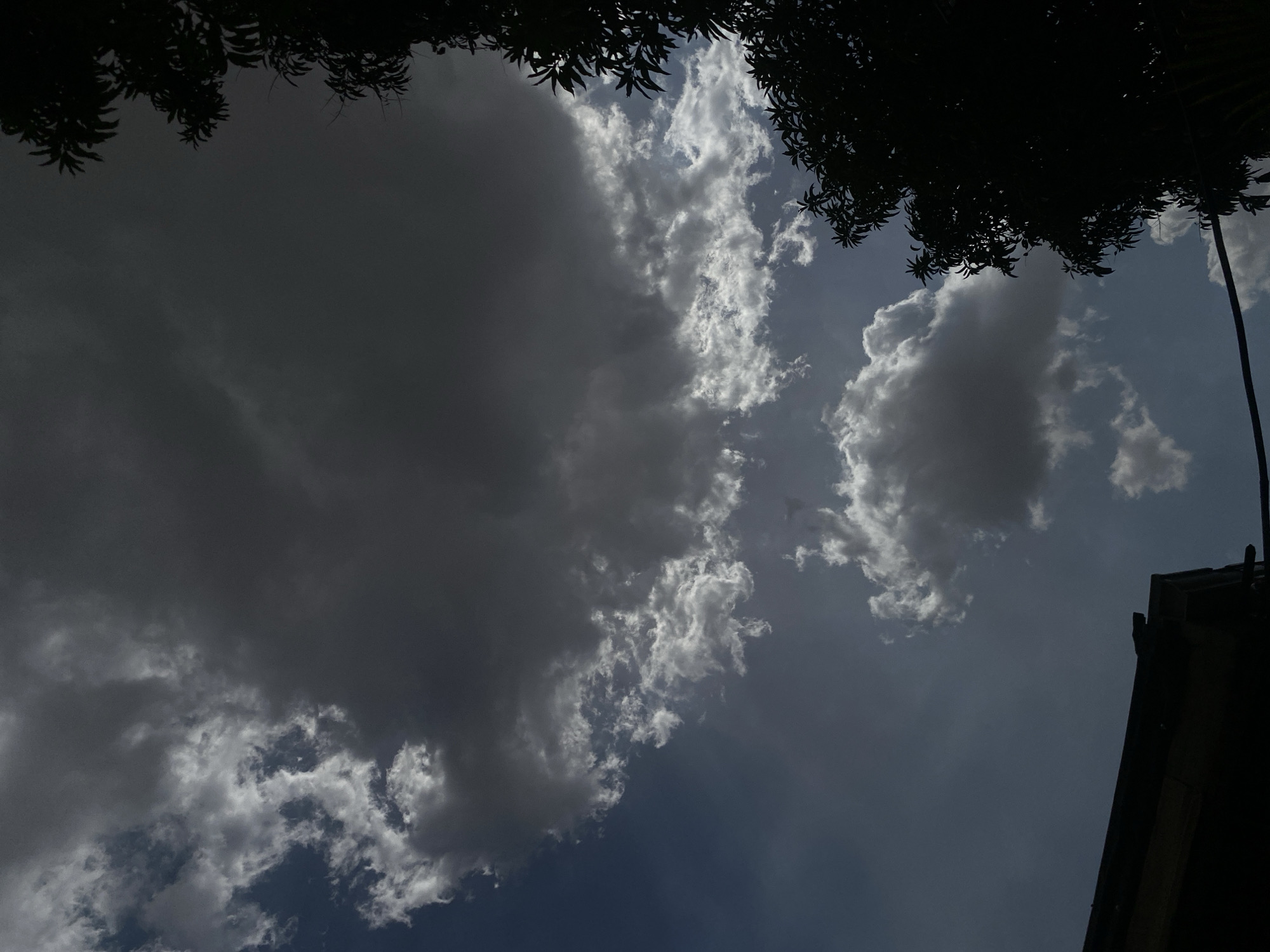 The image shows a view looking upwards towards a cloudy sky. Tree branches are visible along the top edge of the frame, silhouetted against the sky. A portion of a building roof is visible in the lower right corner. The clouds vary in density, with some areas appearing dark and heavy, while others are lighter and more fragmented. The overall lighting suggests daytime, although somewhat overcast. Without further information, I cannot specify the location within Barden Yana, Nigeria.