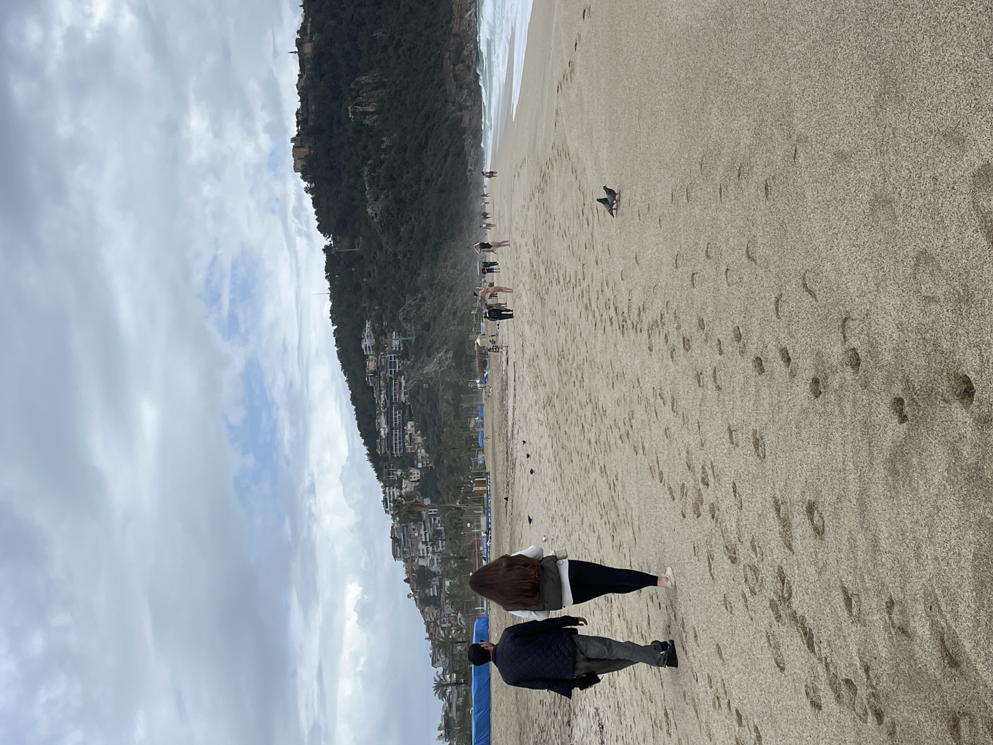The image depicts a beach scene in Alanya, Turkey. The sky is overcast with a mix of gray and white clouds. To the left, a steep hillside is covered with dense vegetation, dotted with buildings and infrastructure. The beach stretches across the frame, marked by numerous footprints in the sand. Several people are walking along the shoreline in the distance. Closer to the foreground, two people, presumably a man and a woman, are walking on the sand with their backs turned to the viewer. The man is wearing a dark jacket and gray pants, while the woman has long, dark hair, a white jacket, and dark leggings. Several pigeons are visible on the sand further down the beach. The environment suggests a temperate climate, and the overall atmosphere appears relaxed despite the overcast conditions.