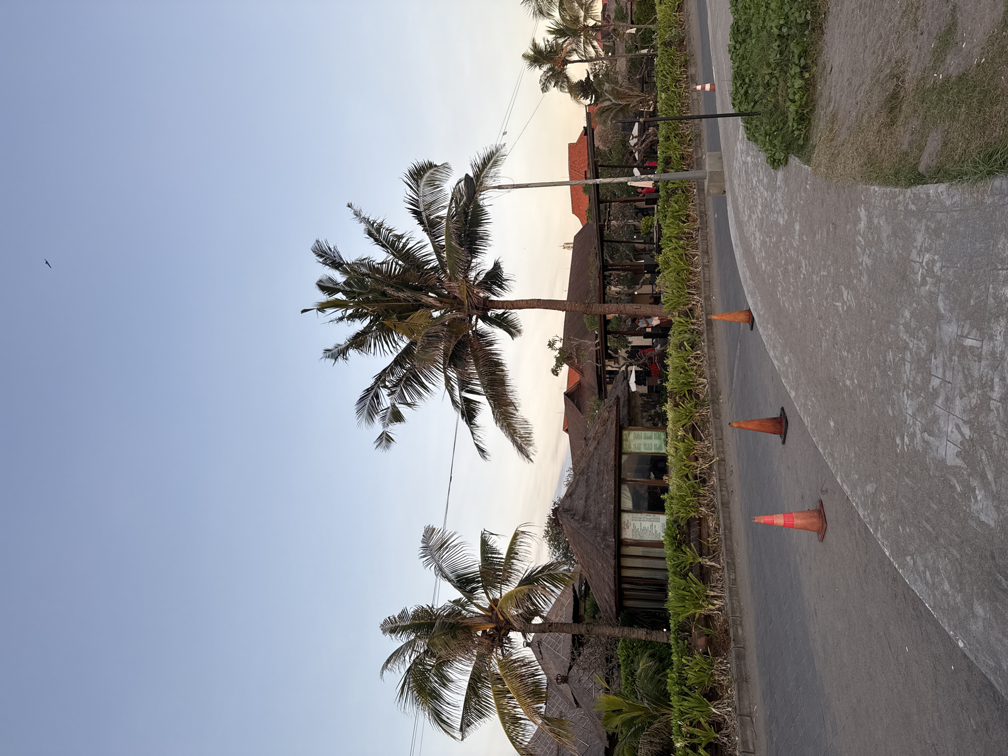 The image captures a street scene with two palm trees in the foreground, their fronds reaching upwards. The setting appears to be a tropical location, possibly a resort or a beachside area, given the presence of palm trees and vegetation. A pathway or road runs along the right side of the image, bordered by lush green plants. Orange traffic cones are placed on the road, suggesting some sort of temporary obstruction or demarcation.
Behind the palm trees, buildings with thatched roofs are visible, indicating the architecture of the area. Some people can be seen gathered near the buildings, implying activity in a commercial or recreational space, possibly a restaurant or an outdoor seating area. The sky is a clear, pale blue, with a hint of orange at the horizon, suggesting it is either early morning or late afternoon, likely during a sunset or sunrise. The overall ambiance is calm and tropical.
There is some text visible on a sign within one of the buildings, appearing to be a menu or informational display. The location is contextually identified as North Kuta, Indonesia.