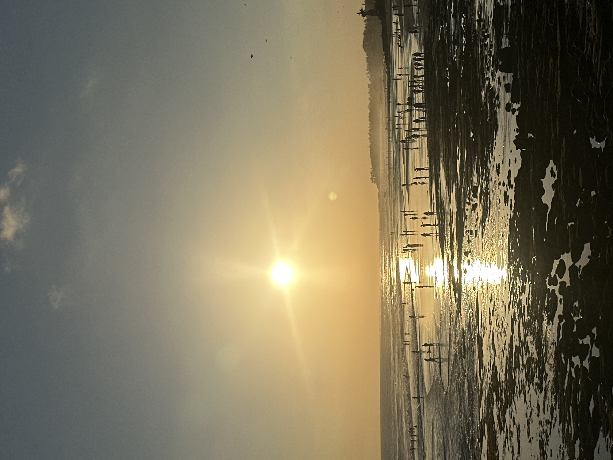 The image captures a wide, expansive beach scene at sunset in North Kuta, Indonesia. The sun, a bright, glowing orb, is positioned in the upper left quadrant of the frame, casting a warm, golden light across the sky and the wet sand. Its reflection shimmers on the ocean's surface, creating a luminous path.
Numerous people are visible on the beach, spread out across the wet sand and in the shallow water. They appear to be engaged in various activities such as walking, standing, and interacting. Some are silhouetted against the bright sunlight, while others are more clearly defined. The water is calm with small waves lapping at the shore.
The foreground of the image is dominated by dark, wet rocks and tidal pools, reflecting the sunset's glow. In the distance, along the horizon, a treeline and buildings are visible, suggesting the presence of a coastal town or resort area. The sky is a gradient of soft blues and yellows, with a few wispy clouds. Several birds can be seen flying in the upper right portion of the sky. The overall impression is one of a peaceful and scenic evening at a popular beach destination.