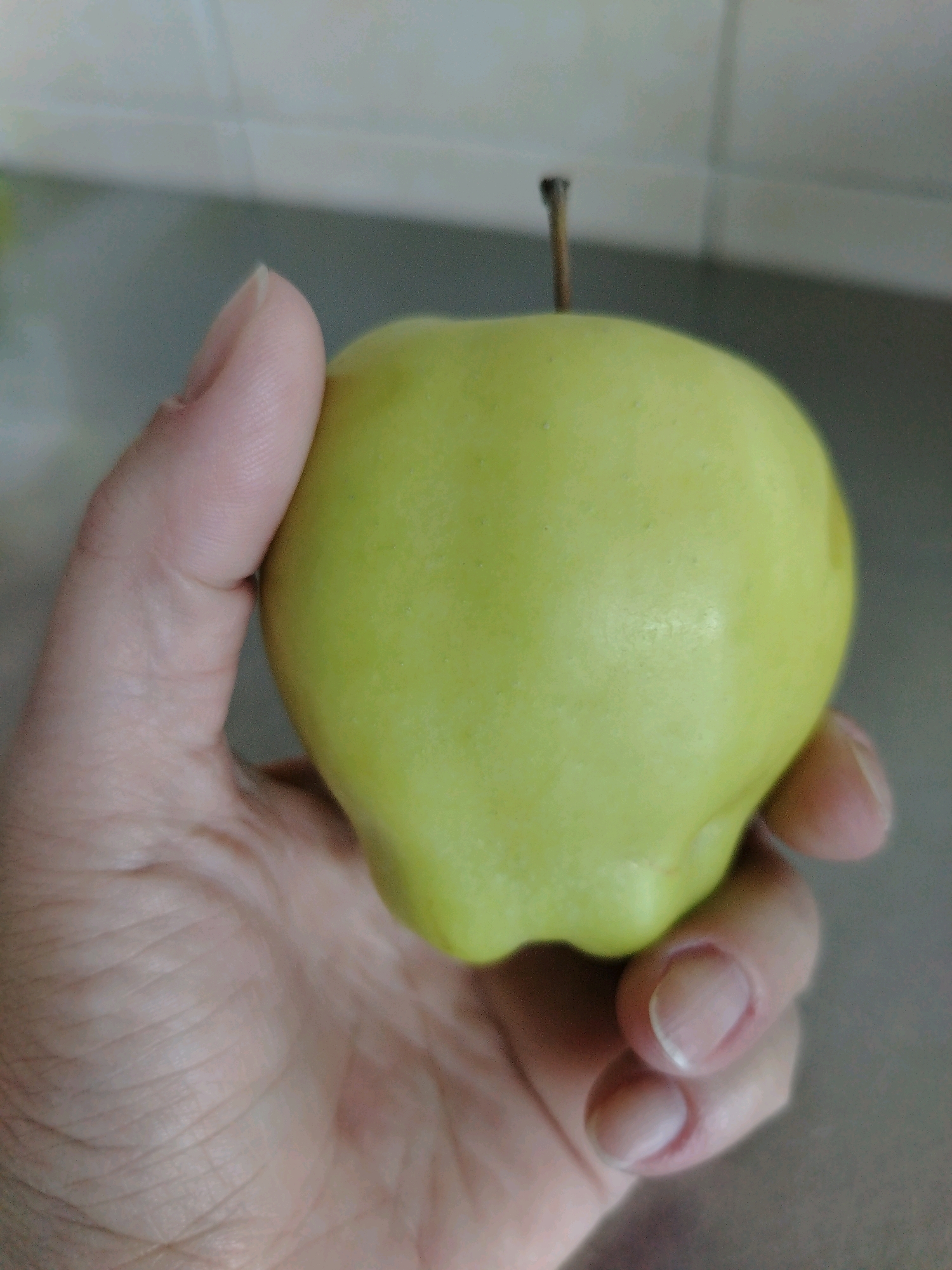 A close-up shot shows a person's hand holding a bright green apple. The apple has a stem and is smooth-skinned. The hand is positioned to cradle the apple, with fingers curved around its bottom and thumb on the side. The fingernails are visible, appearing clean and short. The background is blurred, suggesting a shallow depth of field, and consists of a tiled wall and a countertop, possibly in a kitchen. There is no indication of the city of Muravlenko, Russia in the image.