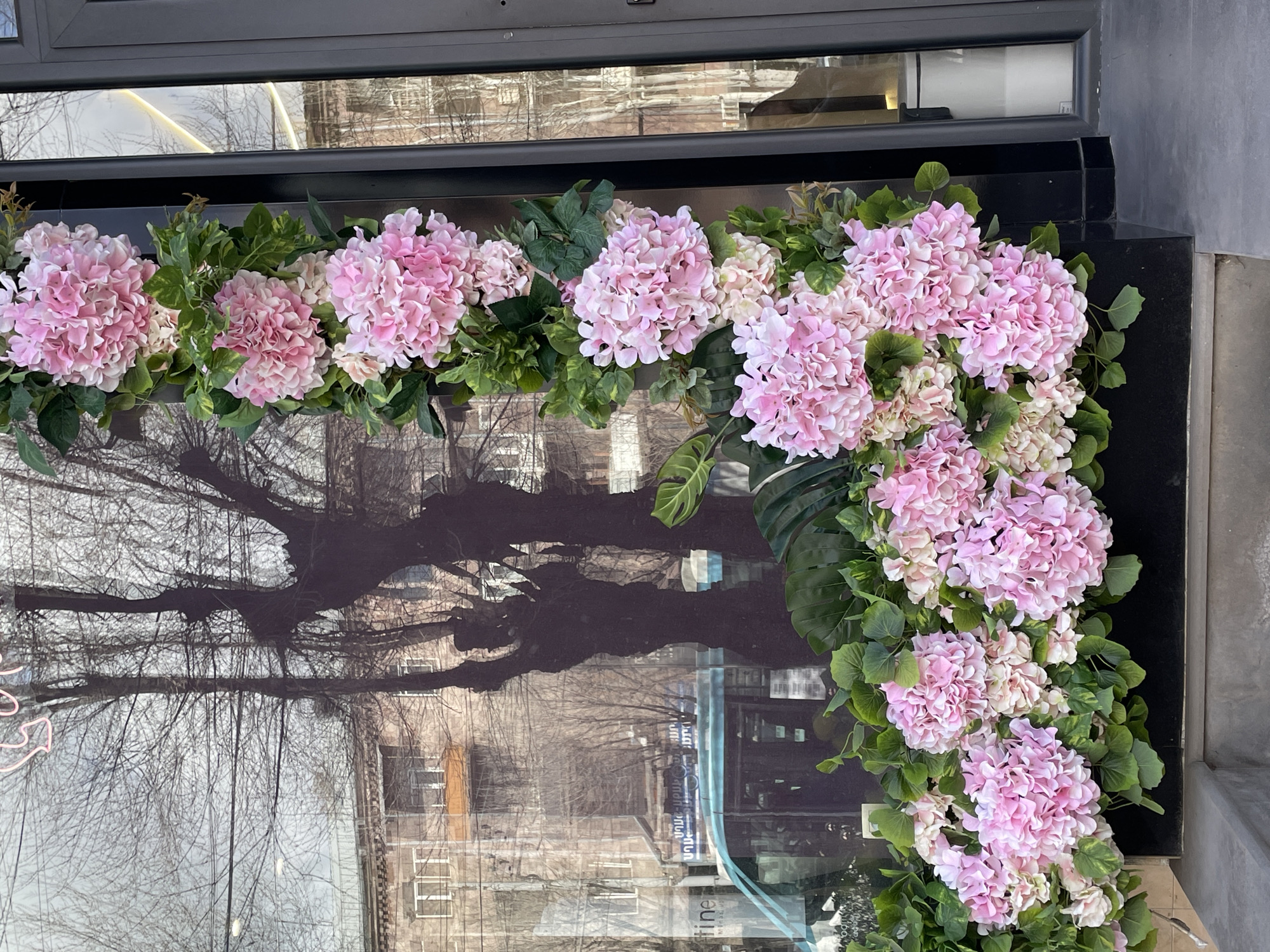 The image shows a window display, likely of a shop, adorned with a garland of pink hydrangeas and greenery. The window reflects an urban scene, featuring a bare tree and buildings, consistent with the architecture of Yerevan, Armenia. The presence of Armenian script on the window adds further evidence to this location. The garland is arranged along the top and side of the window, adding a touch of floral decoration to the scene.