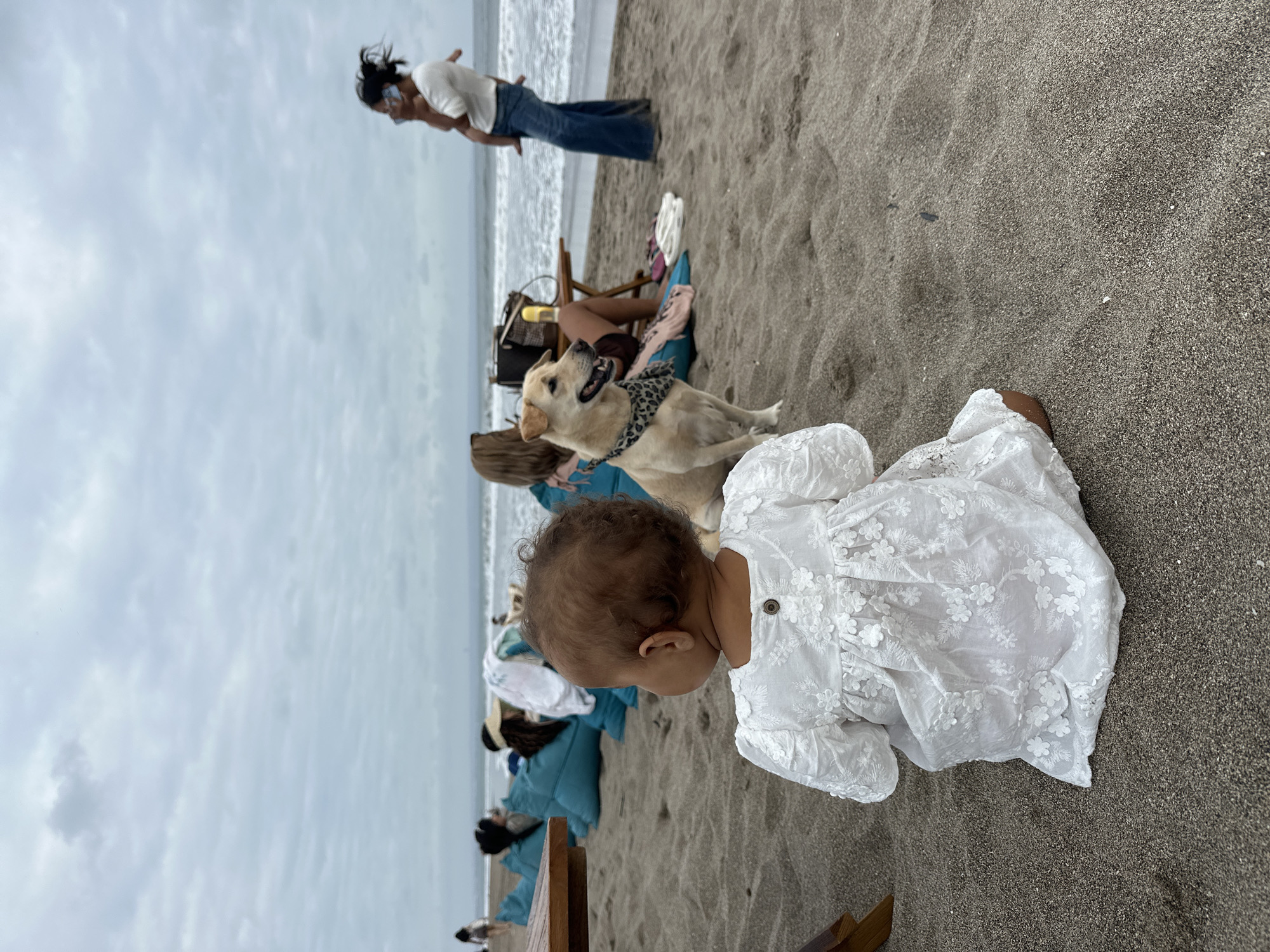 A light-skinned baby in a white lace dress sits on dark sand facing away from the camera, looking towards the ocean. In the background, several adults sit on large, teal beanbag chairs, and a light-colored dog with a patterned bandana around its neck sits on the sand. A woman in the far background stands holding a baby and appears to be on her phone. The ocean and a cloudy sky are visible behind the group. The scene is likely a beach in North Kuta, Indonesia, given the tropical setting and cloudy weather.