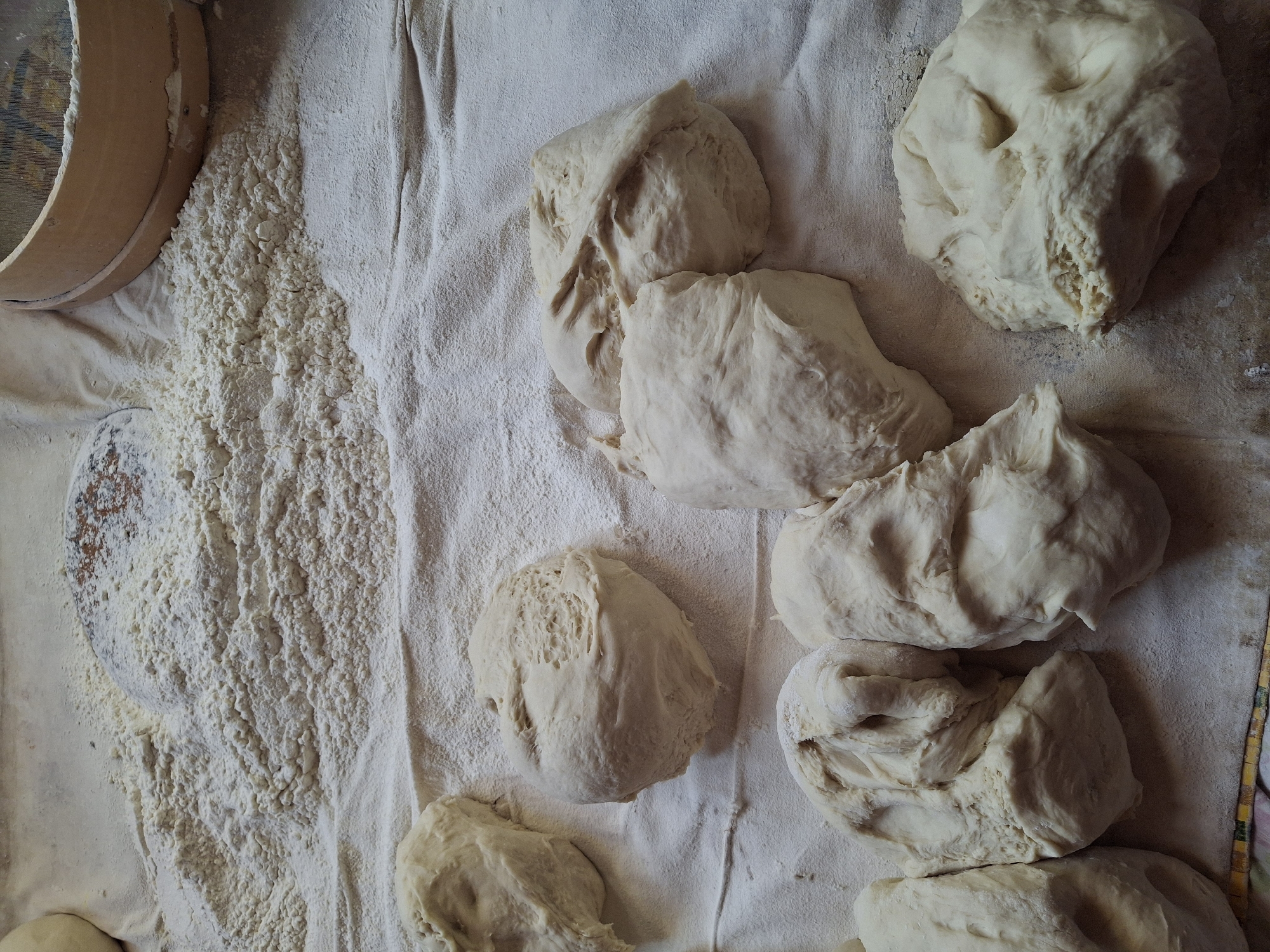 The image shows a top-down view of multiple portions of dough, sprinkled with flour, resting on a white cloth. In the background, a wooden sieve filled with flour is visible, along with a dusting of flour on a round, dark object, possibly a pizza stone or a cutting board. The scene suggests a domestic or professional setting for baking, possibly in the city of Ko`kdala, Uzbekistan, where flour and dough are common elements in culinary traditions. There are no people visible in the image.