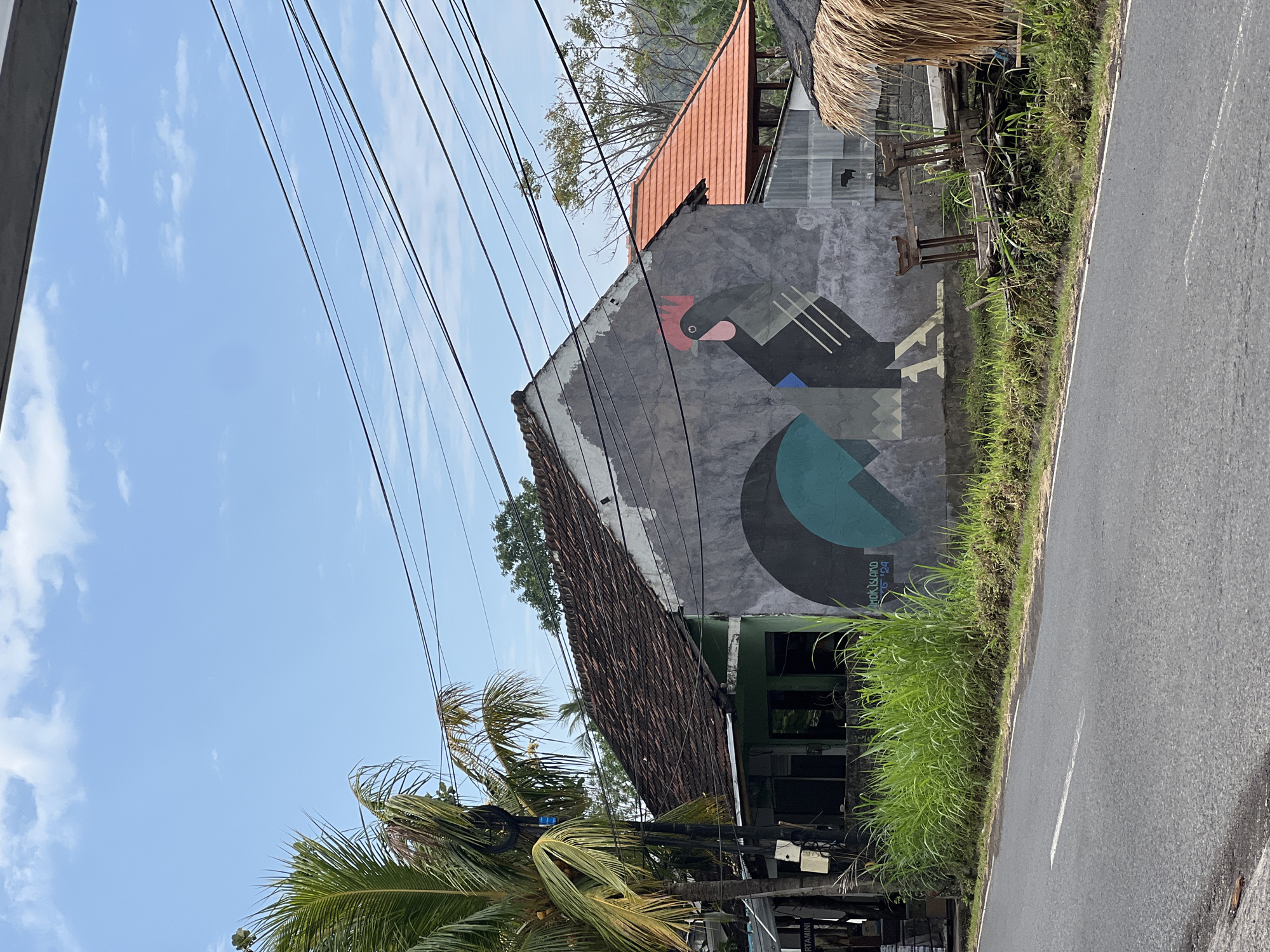 In the city of Abang, Indonesia, a mural of a rooster is painted on the side of a building. The building has a gray facade and a tiled roof. The mural is composed of geometric shapes and features a teal wing and a red comb on the rooster's head. A palm tree is visible to the left of the building. A road runs in front of the building, and there is a stretch of tall green grass along the roadside. The sky is blue with some clouds. Overhead, power lines are strung across the sky. To the right of the mural, a small structure with a thatched roof is visible, along with some wooden furniture and debris. The building also has a green-covered section with windows.