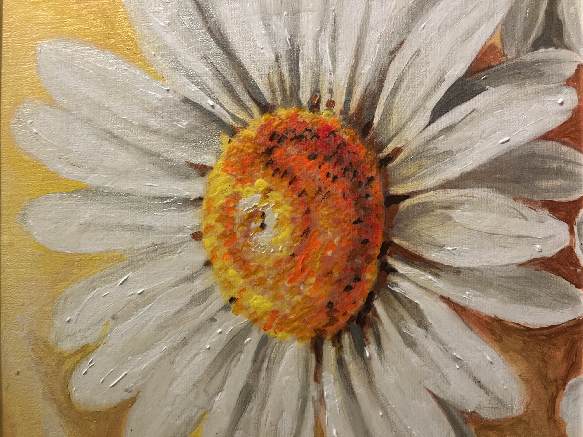 This is a close-up, vertical, oil painting of a daisy. The flower is dominant in the composition, taking up the majority of the frame. The white petals radiate outwards from the central disc, which is a textured mixture of yellows, oranges, and reds, with dark flecks. The background is a solid yellow, with some subtle variations in tone and texture that suggest light. The painting is rendered with visible brushstrokes, giving it a textured and impasto quality. The image does not contain any elements that would allow for identification of its location within the city of Minsk, Belarus, or any other specific location.