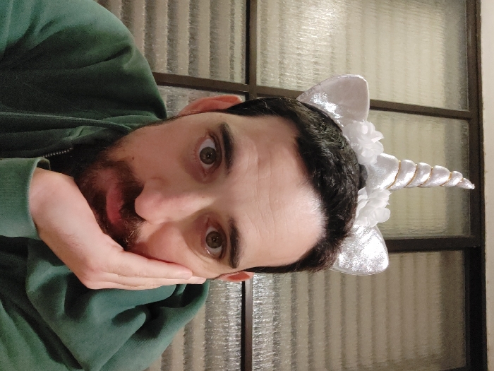 A bearded man with light skin and brown eyes is shown wearing a green sweatshirt and a white unicorn headband with a gold horn. He is holding his face with his left hand and gazing directly at the camera with a slightly surprised expression. A frosted glass window with a dark frame is visible in the background.