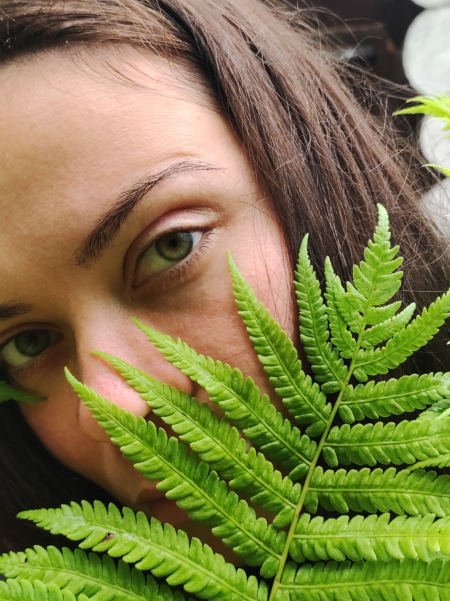 A close-up, eye-level, medium shot captures the left side of a person's face, partially obscured by vibrant green fern fronds. The individual has brown hair and striking green eyes. The fern leaves, with their intricate, serrated edges, are positioned to cover the person's nose and mouth, creating a sense of mystery. The background is softly blurred, suggesting an outdoor environment, possibly a forest or park, consistent with the natural elements present. The image focuses on the interplay between the human subject and the natural world, highlighting textures and colors. The overall mood is serene and earthy. The photo was taken in Fokino, Russia.