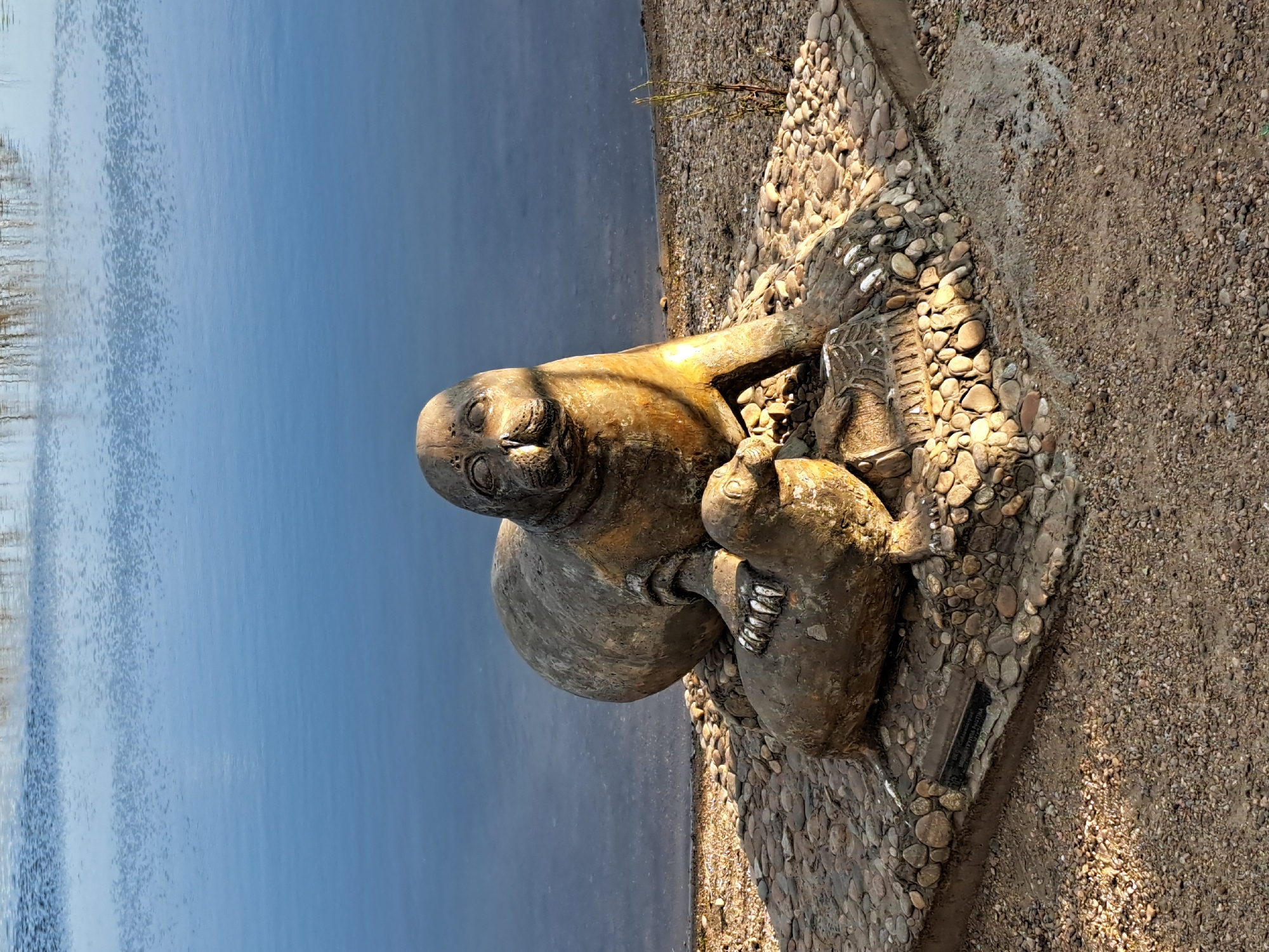 This image depicts a bronze sculpture of two seals, an adult and a pup, situated on a rocky base at the edge of a body of water. The sculpture is positioned on a gravelly embankment, with the water, appearing calm and blue, filling the background. The lighting suggests it is either early morning or late afternoon, casting shadows across the scene. The sculpture is located in the city of Irkutsk, Russia, specifically at the embankment of the Angara River, near the Irkutsk Drama Theater. The artwork is part of the "Sculptures of the Angara" project, intended to embellish the city's waterfront.