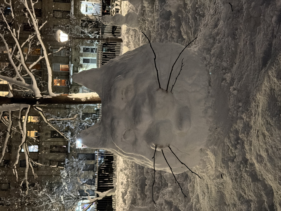 A snow sculpture of a cat's head sits in a snowy area. The sculpture features pointy ears and twig whiskers. The sculpture is positioned in front of a building with lit windows, and snowy branches of trees are visible on the left. The ground is covered in rough, textured snow, and the overall scene is lit with a soft glow, suggesting either evening or early morning light.