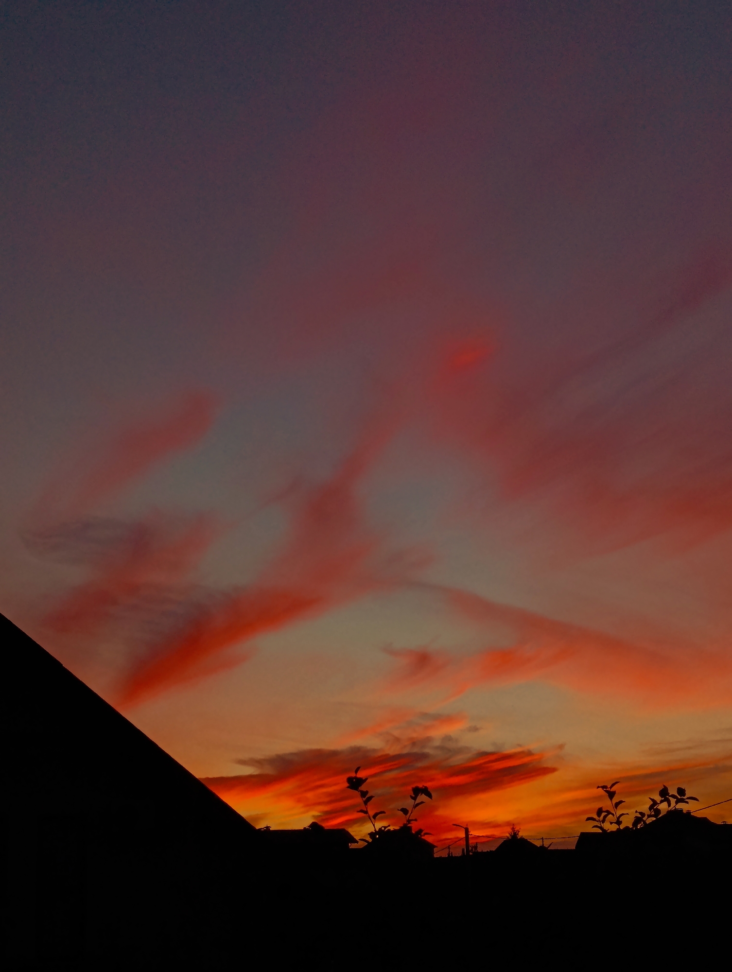 A twilight sky of gradient purples, oranges, and reds is above a silhouetted cityscape. The sky is filled with streaks of vibrant red clouds, interspersed with softer pink and pale blue hues. In the foreground, a dark, triangular shape, likely a roof or building edge, juts into the frame from the left. Below it, the dark silhouettes of houses and trees form a stark contrast against the colorful sky. The overall impression is of a dramatic sunset over a residential area.