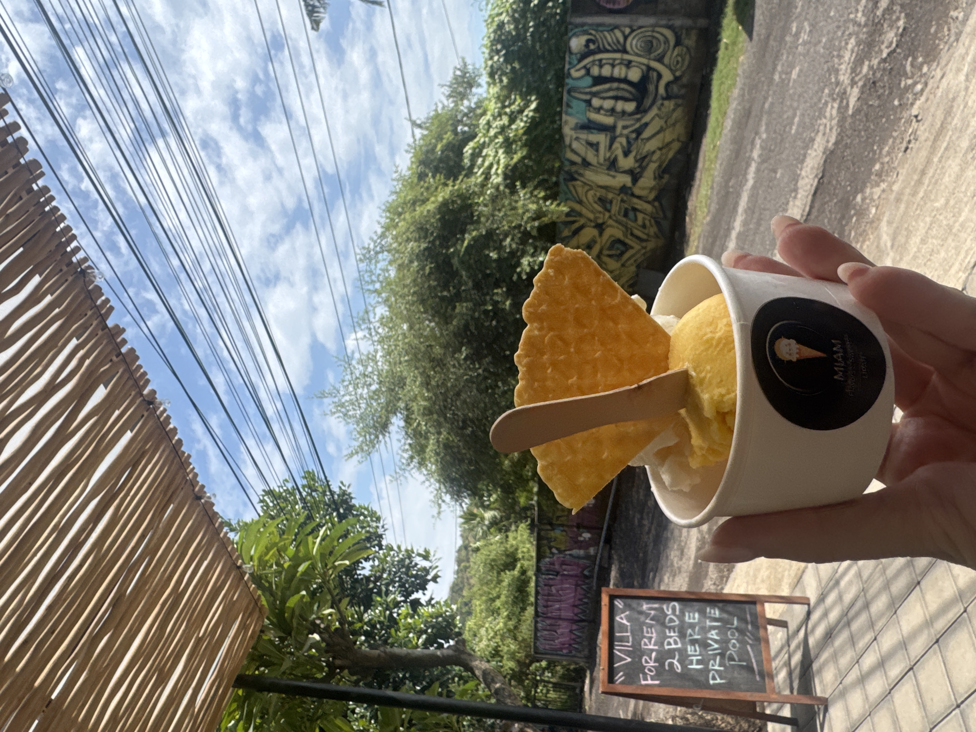 A hand holds a white cup of yellow and white ice cream topped with two yellow waffle cones and a wooden spoon. The cup has a black circular logo with an illustration of an ice cream cone and text. In the background, a chalk sign on an easel reads "VILLA FOR RENT 2 BEDS HERE PRIVATE POOL". Beyond the sign is a wall covered in colorful graffiti, lush green trees, and a road. The sky is blue with white clouds. The scene appears to be outdoors, possibly in a tropical setting like Abang, Indonesia, given the vegetation and outdoor setup.