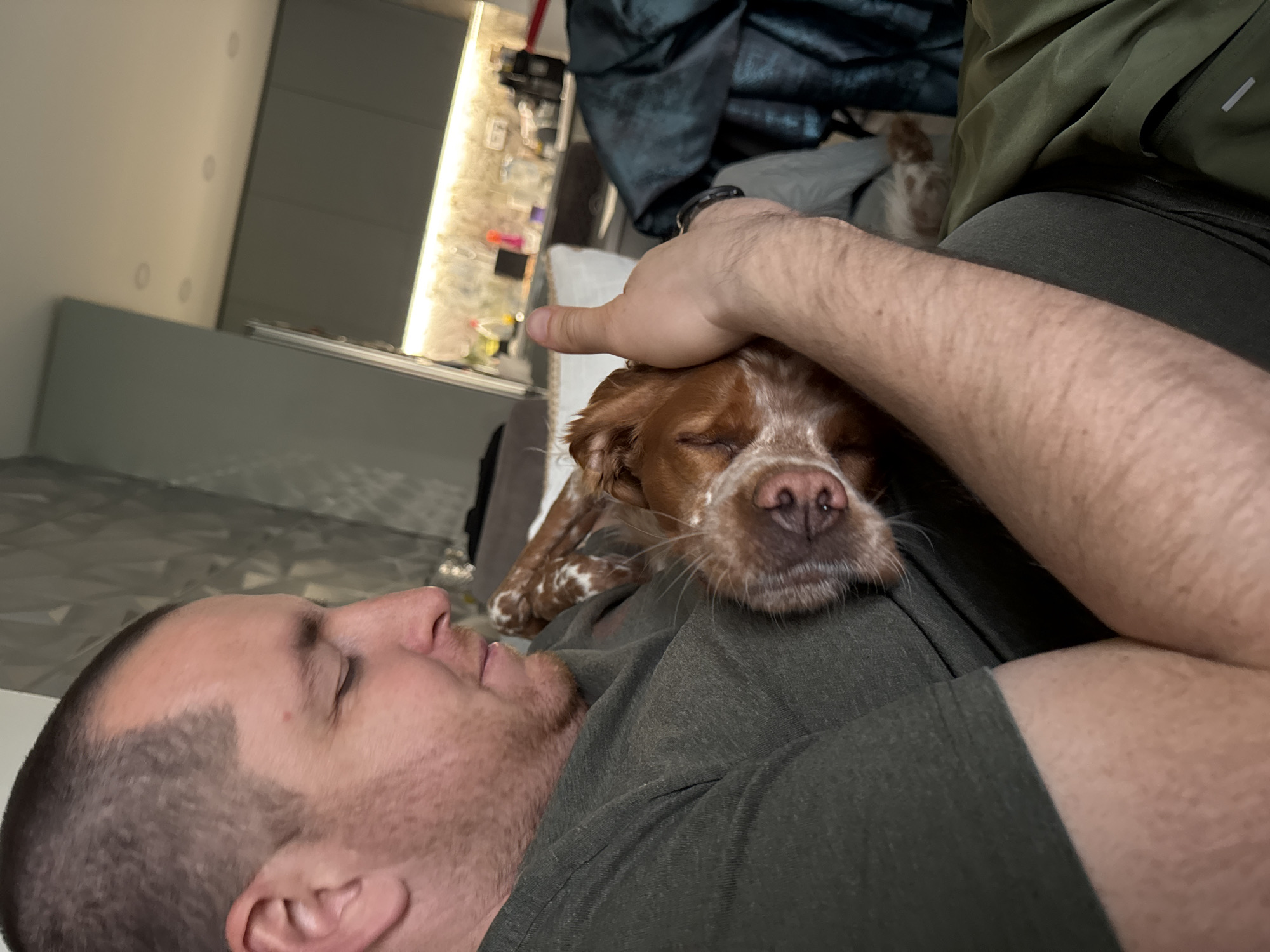 A close-up, angled shot shows a man lying on his back, holding a sleeping dog. The man has a shaved head, fair skin, and closed eyes. He is wearing a dark green t-shirt. The dog, a brown and white spaniel-type breed, is nestled on his chest with its eyes closed. A hand is resting gently on the dog's head. The background is a blurred interior space with modern cabinets and lighting. The location is not identifiable as Sofia, Bulgaria, based on visual information.