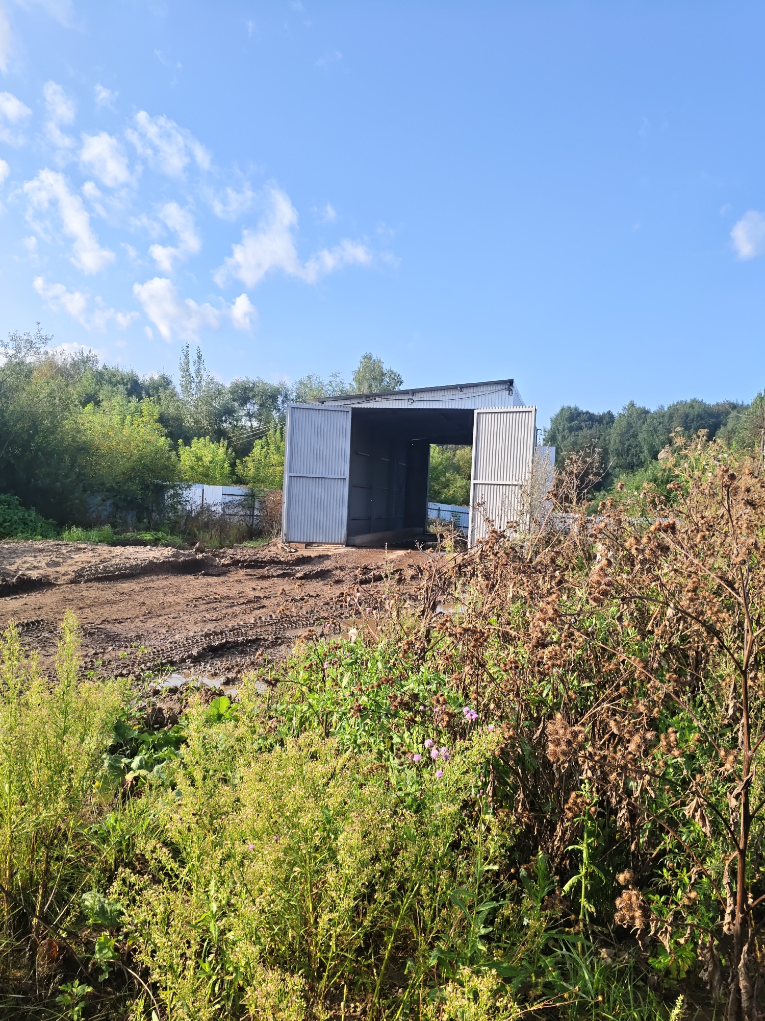 This is a medium shot, taken from a low angle outdoors, under a bright blue sky with scattered white clouds. The scene depicts a partially constructed or derelict metal shed with large open doorways. The shed is situated in a clearing with muddy ground marked by tire tracks, suggesting recent vehicle activity or construction. Surrounding the shed are lush green trees and vegetation, including tall, dry weeds with seed heads in the foreground. The overall impression is one of an undeveloped or rural area on a sunny day.
