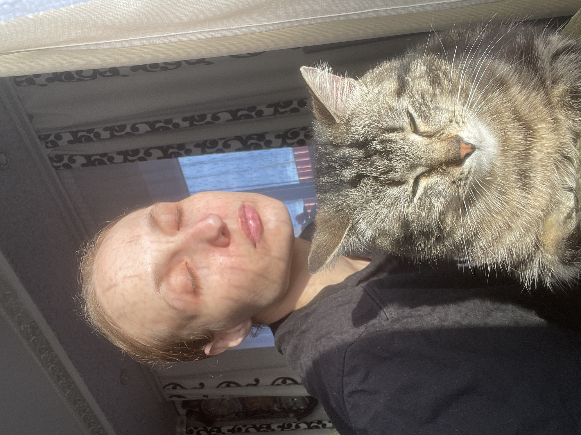 An indoor, close-up shot captures a person and a tabby cat resting peacefully in a sunlit room in Kuyeda, Russia. The person, with light-colored hair and closed eyes, has distinct linear and patterned marks on their forehead and cheeks, suggesting they have been lying against a textured surface or have patterns imprinted by the sun filtering through blinds. Their lips are slightly parted, and they are wearing a dark-colored top.
Nestled closely against the person's head and neck is a medium-haired tabby cat, also with its eyes closed, seemingly asleep or deeply relaxed. Its fur is a mix of grey, brown, and cream with visible stripes, and sunlight highlights its whiskers and soft texture.
The background shows window blinds, partially drawn, with a dark, decorative scroll pattern along their lower edges. Bright, direct sunlight streams into the room from the left, illuminating both subjects and creating strong contrasts and shadows. A faint glimpse of the blue sky or a distant outdoor scene can be seen through the window behind the blinds. The overall scene conveys a sense of warmth, peace, and companionship, likely during the daytime. No visible text is present.