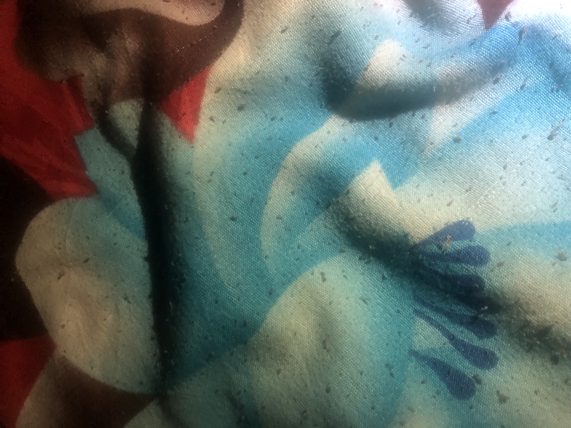 The image is a close-up, high-angle shot of a patterned fabric. The fabric features large, abstract floral shapes in shades of blue, teal, white, and red. Small, dark specks are scattered across the fabric's surface, possibly dust or debris. The lighting is dim, creating a slightly hazy effect. There are no people or discernible objects from the city of Wukari, Nigeria, present in the image.