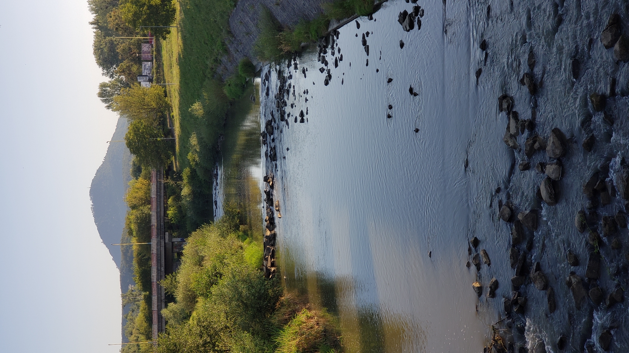 The image depicts a river flowing through a city, with a prominent hill in the background. The river is bordered by grassy banks and some vegetation. There is a bridge crossing the river in the middle distance, and the hill in the background is covered in trees and has a structure at its summit. Several ducks are visible in the water. The scene appears to be set in Prešov, Slovakia, as indicated by the presence of Zlatobanská Hill, a recognizable landmark in the city. The overall atmosphere is calm and natural, despite the urban setting suggested by the bridge and distant structures.