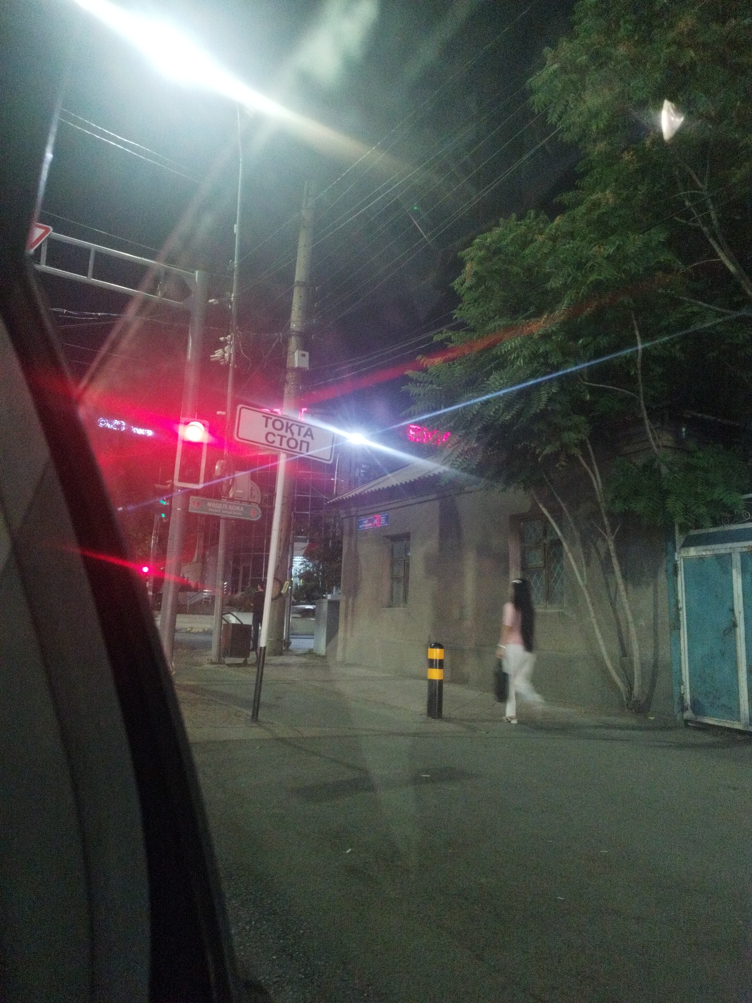 This is a nighttime photograph of a street intersection in Shymkent, Kazakhstan, as seen from inside a vehicle. A traffic light is visible, showing a red signal. A "TOCTA STOP" sign, which translates to "STOP," is mounted on a pole next to the traffic light. A street sign below it reads "MƏDƏLİ KOJKA" with additional text in a smaller font.
In the background, a woman wearing a pink top and white pants is walking across the street, carrying a dark bag. She appears to be moving away from the viewer. To the right of the woman, there is a building with windows and trees with dark green foliage. A teal-colored metal gate or door is visible on the far right of the image. The street is paved and appears wet or reflective, indicating recent rain or a damp surface. The overall lighting is dim, with streetlights and traffic signals illuminating the scene. The image captures a typical urban street scene at night, likely during or after daylight hours.