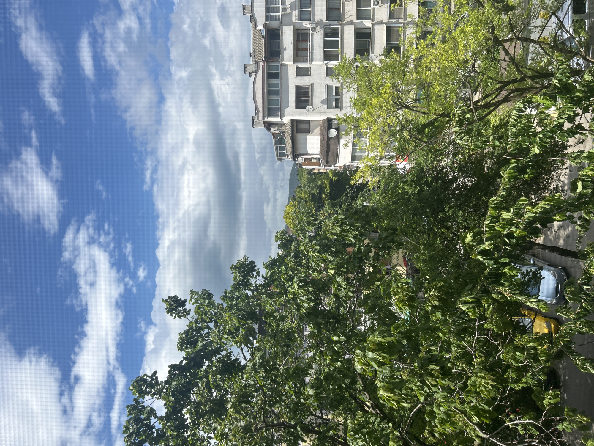 The image shows a view from an elevated position, likely a window or balcony, in an urban setting. The lower portion of the frame is dominated by lush green trees, obscuring parts of the scene. A multi-story building stands in the center, constructed of light-colored concrete or stone, with numerous windows and satellite dishes visible. Behind the building, a distant hill or mountain can be seen. The sky is partly cloudy, with a mix of blue sky and white, textured clouds. A street with parked cars is visible between the trees. The location is identified as Unknown, Unknown.
