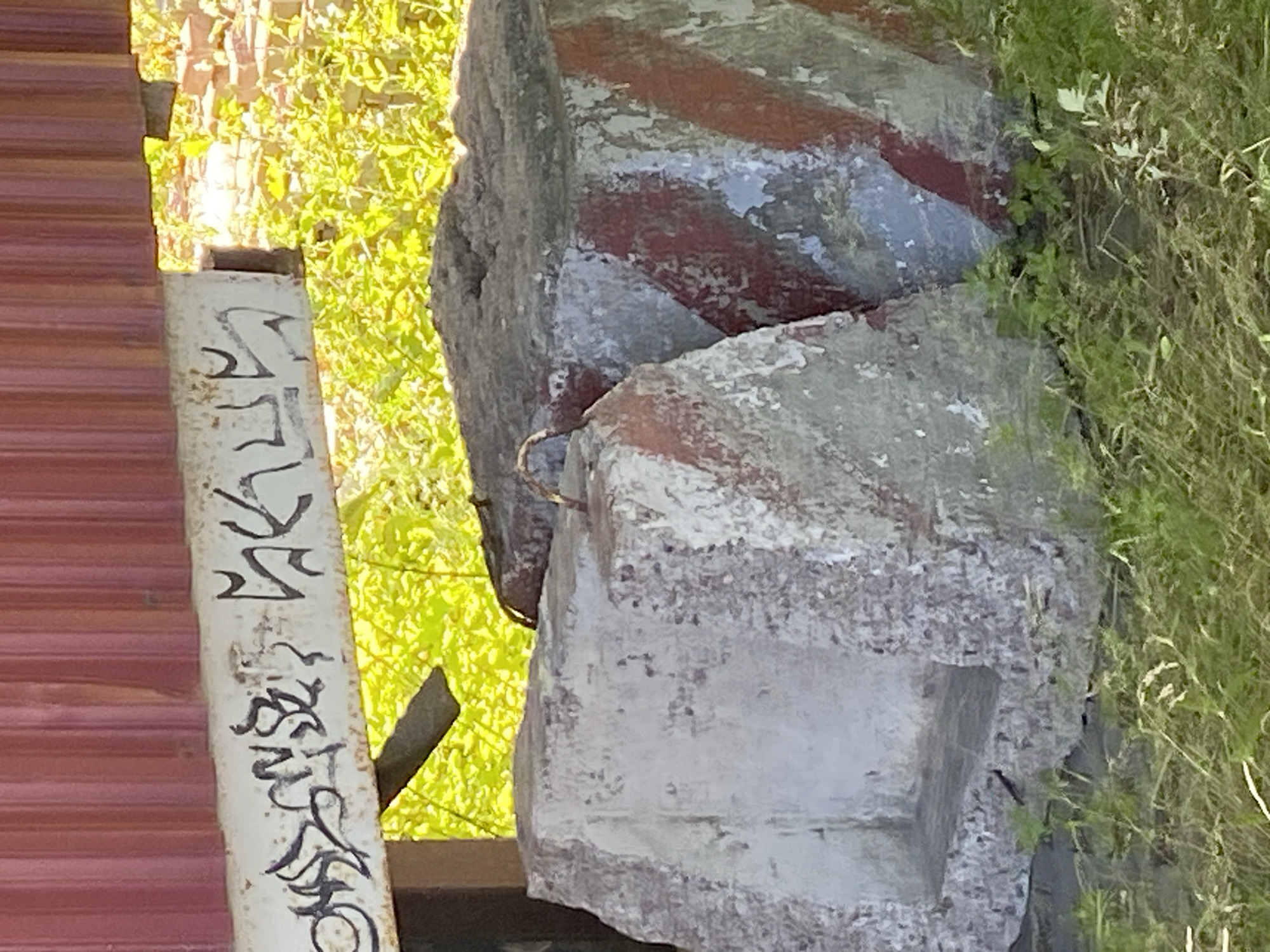 A close-up, eye-level shot captures graffiti on a white metal beam situated beneath a red corrugated metal structure, likely part of a bridge or underpass. The graffiti, rendered in black, appears to be a tag or stylized writing. In the foreground, two large, rough concrete blocks are visible, one with red and white painted stripes and the other with a lighter, weathered surface. These blocks sit on a patch of green grass and weeds, suggesting an outdoor environment. The background is blurred but suggests more greenery and possibly brickwork. The lighting indicates it is daytime, with shadows cast by the objects. The scene suggests an urban setting, potentially in Saint Petersburg, Russia, given the context provided for the image.
