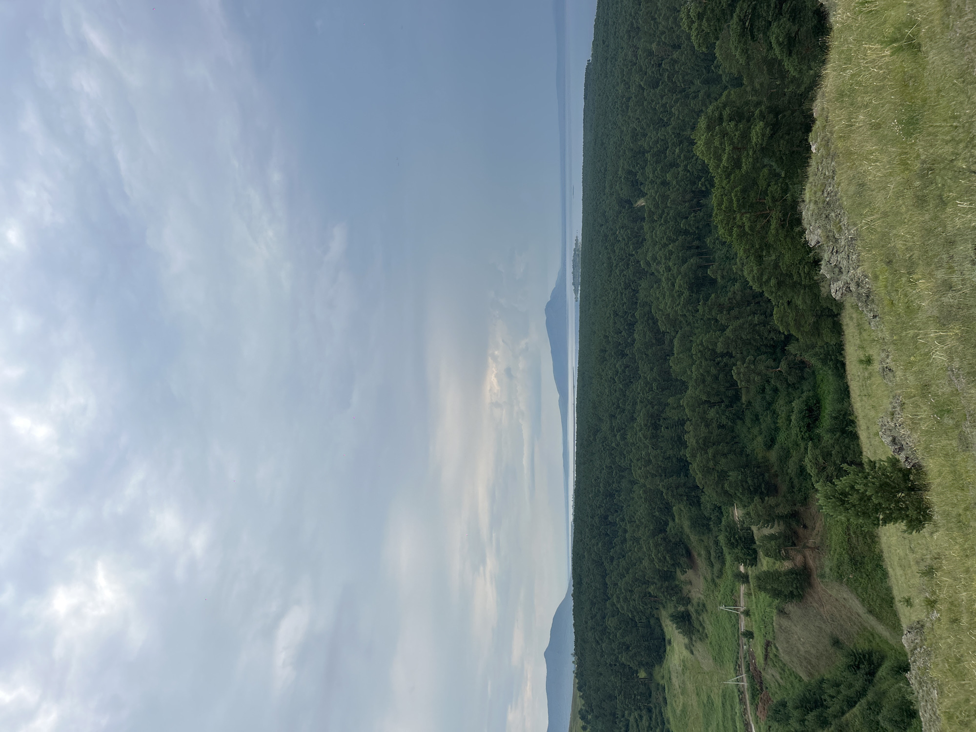 An elevated, wide-angle, exterior, full shot captures a vast, wooded landscape under a cloudy sky. In the foreground, a grassy hill slopes down, with scattered rocks and patches of dry grass. Beyond the hill, a dense forest of dark green trees stretches across the middle ground. A winding dirt road is visible on the left side, cutting through a grassy slope adjacent to the forest. In the background, a wide body of water, likely a lake or sea, extends to the horizon, with a distant mountain range silhouetted against the hazy sky. The sky itself is filled with heavy, grey clouds, with hints of lighter patches suggesting diffused sunlight. The scene depicts a natural, undeveloped environment, devoid of any human presence or structures, indicative of a rural or wilderness setting. The image appears to be taken in Nikolo-Petrovka, Russia, given its natural and geographical characteristics.