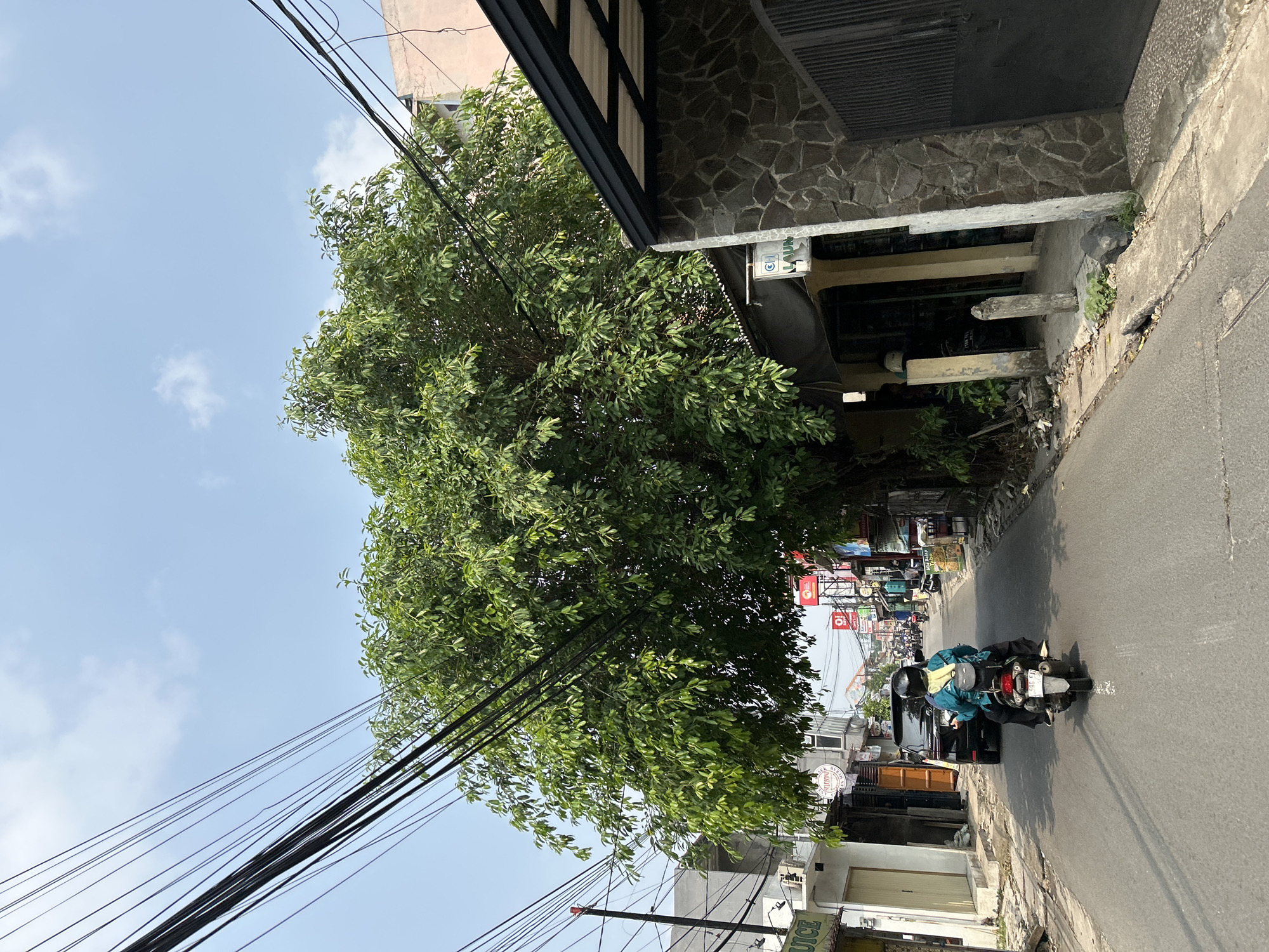 The image depicts a street scene in Depok, Indonesia, likely during the daytime, with clear skies and some scattered clouds. The foreground is dominated by a large, leafy green tree whose branches extend across a significant portion of the frame. Numerous electrical wires crisscross the scene, hanging from poles that are not fully visible.
To the right of the tree, a building with a stone-clad exterior and a dark-tiled roof is visible, partially obscuring the tree. Adjacent to this building is a paved road where a person is riding a motorcycle. The rider is wearing a helmet and a light blue jacket. The motorcycle has a license plate with the number "B 396 FJ". The road is lined with various shops and storefronts, indicated by signage and awnings. Some of the visible text on the signs include "JUICE" and a circular logo with text that is difficult to read. Further down the street, more buildings and vehicles can be seen, suggesting a busy urban environment. The lighting and shadows indicate it is likely late morning or early afternoon.