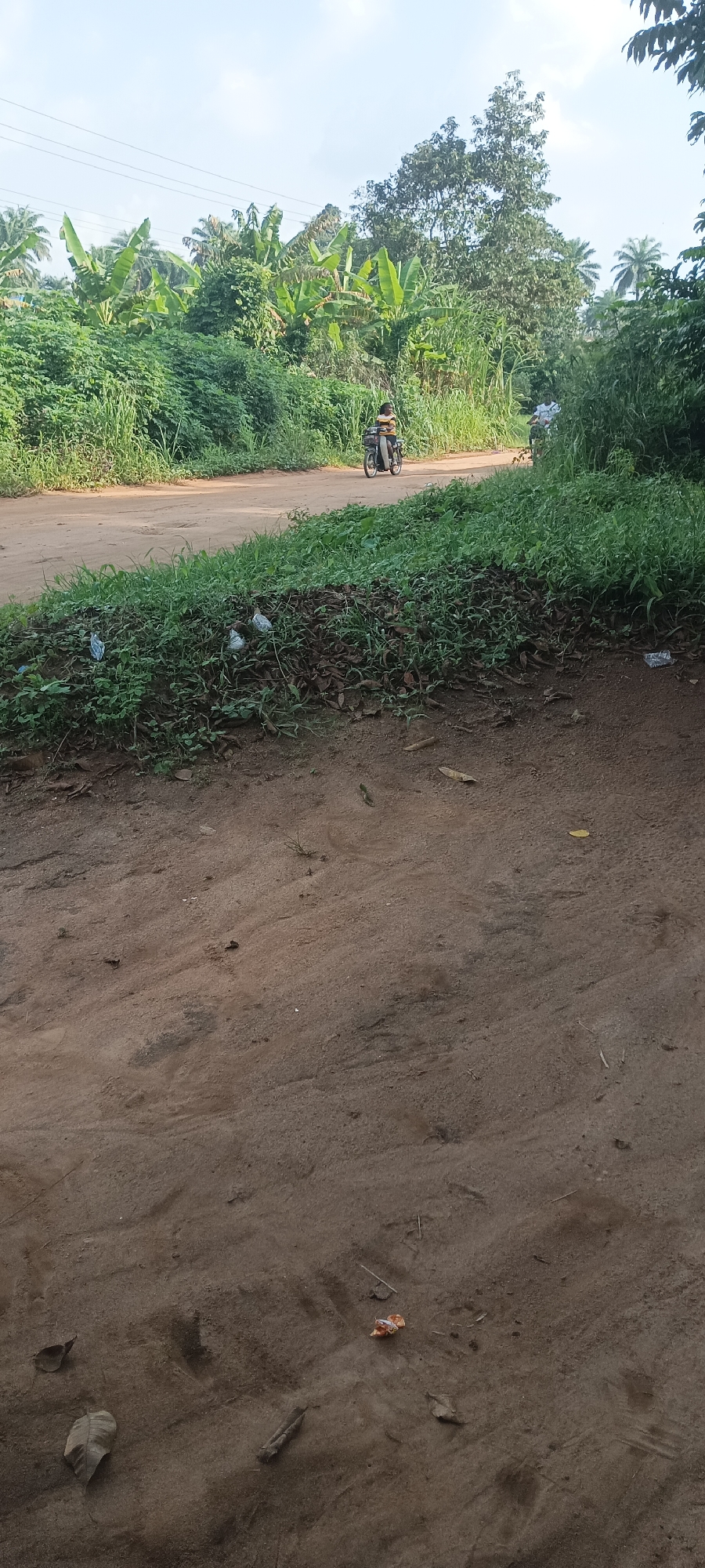 The image depicts a dirt road in a rural area near Amauzu, Nigeria. Lush green vegetation, including banana trees, lines both sides of the road. A person rides a small motorcycle along the road away from the viewer. Another person is visible further down the road to the right. The foreground shows a sandy patch of ground with scattered leaves and small debris. Litter is also visible in the foliage beside the road. Overhead power lines are visible in the distance.