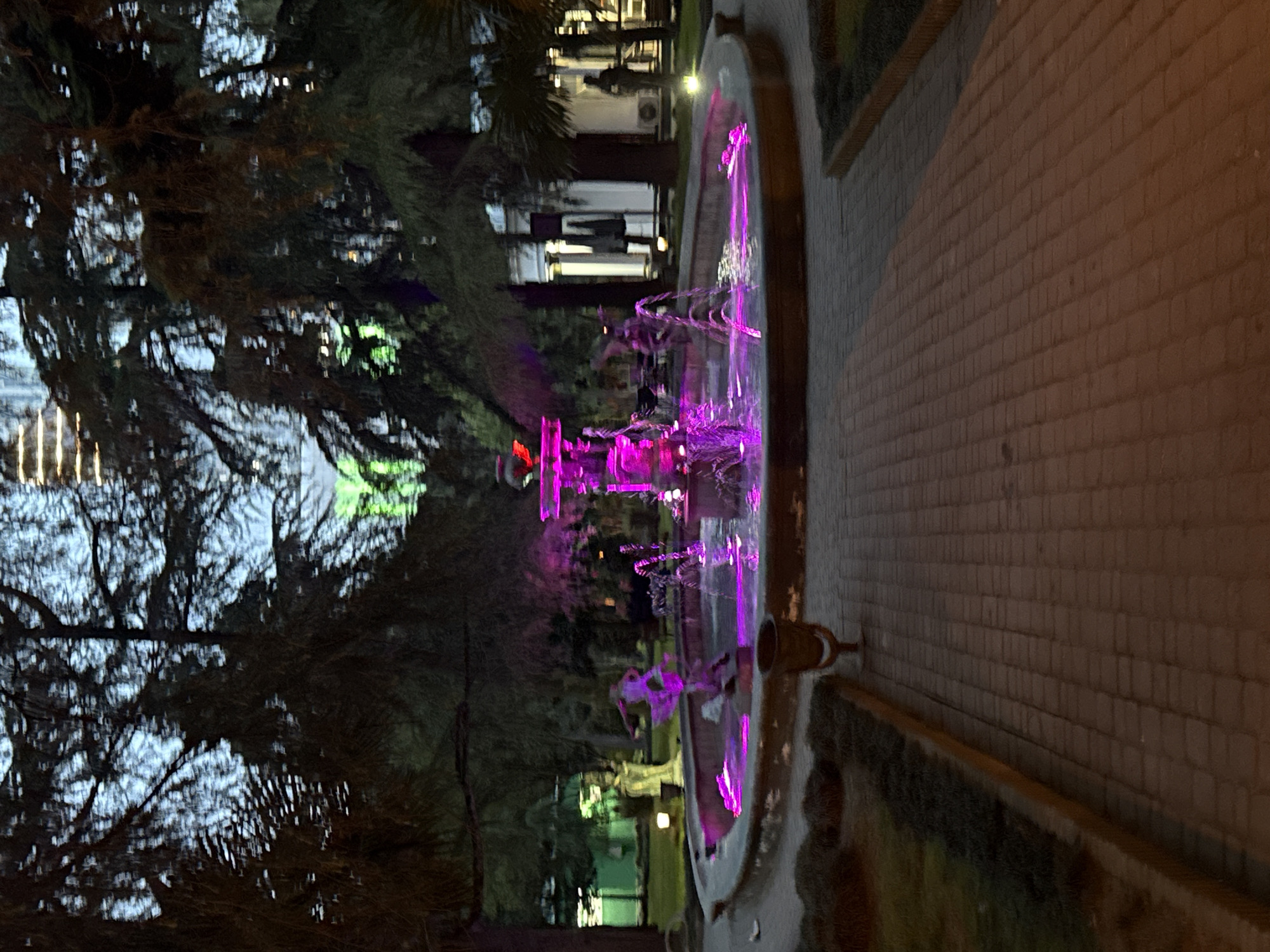 A sideways shot shows a fountain with purple lights at night, with trees in the background. The location is the city of Batumi, Georgia. The fountain is a round structure with tiers and is lit with bright purple lights. Water is shooting up from different points. The trees are dark and silhouetted against the night sky. A brick pathway runs along the right side of the fountain.
