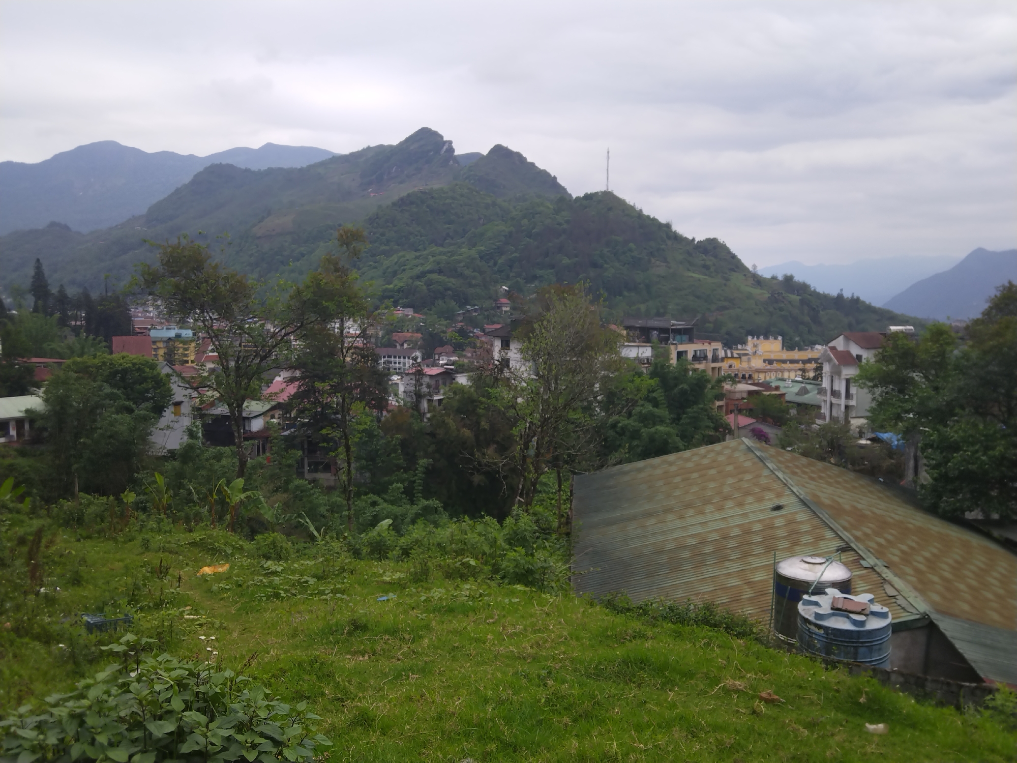 This panoramic image presents a view of a mountainous landscape with a town nestled within. The scene is dominated by layers of lush green mountains, some closer and densely forested, others appearing hazy and blue in the distance. The sky is overcast, suggesting a cloudy day, and contributes to the muted lighting.
In the foreground, a vibrant green grassy slope descends, dotted with various plants and shrubs. To the right, a portion of a weathered, corrugated metal roof, possibly brownish-green from age, is visible. On this roof sit two plastic water tanks; one is white, and the other, blue, has a reddish-brown lid. In the mid-left foreground, amidst the grass, a small yellowish-orange object is discernible, possibly an animal like a dog resting, next to a blue crate.
The midground reveals a sprawling town or village, characterized by numerous houses and buildings with red, brown, or light-colored roofs. Some structures have distinct facades, including a prominent yellow building. Various trees are interspersed throughout the settlement and on the lower slopes, partially obscuring some buildings.
In the background, behind the town, towering green mountains rise. One prominent peak features a distinct rocky outcrop, and another, further to the right, hosts a tall communication antenna tower. The overall impression is one of a serene, verdant landscape, typical of a highland region like Sa Pa, Vietnam. There is no discernible activity or visible text in the image.