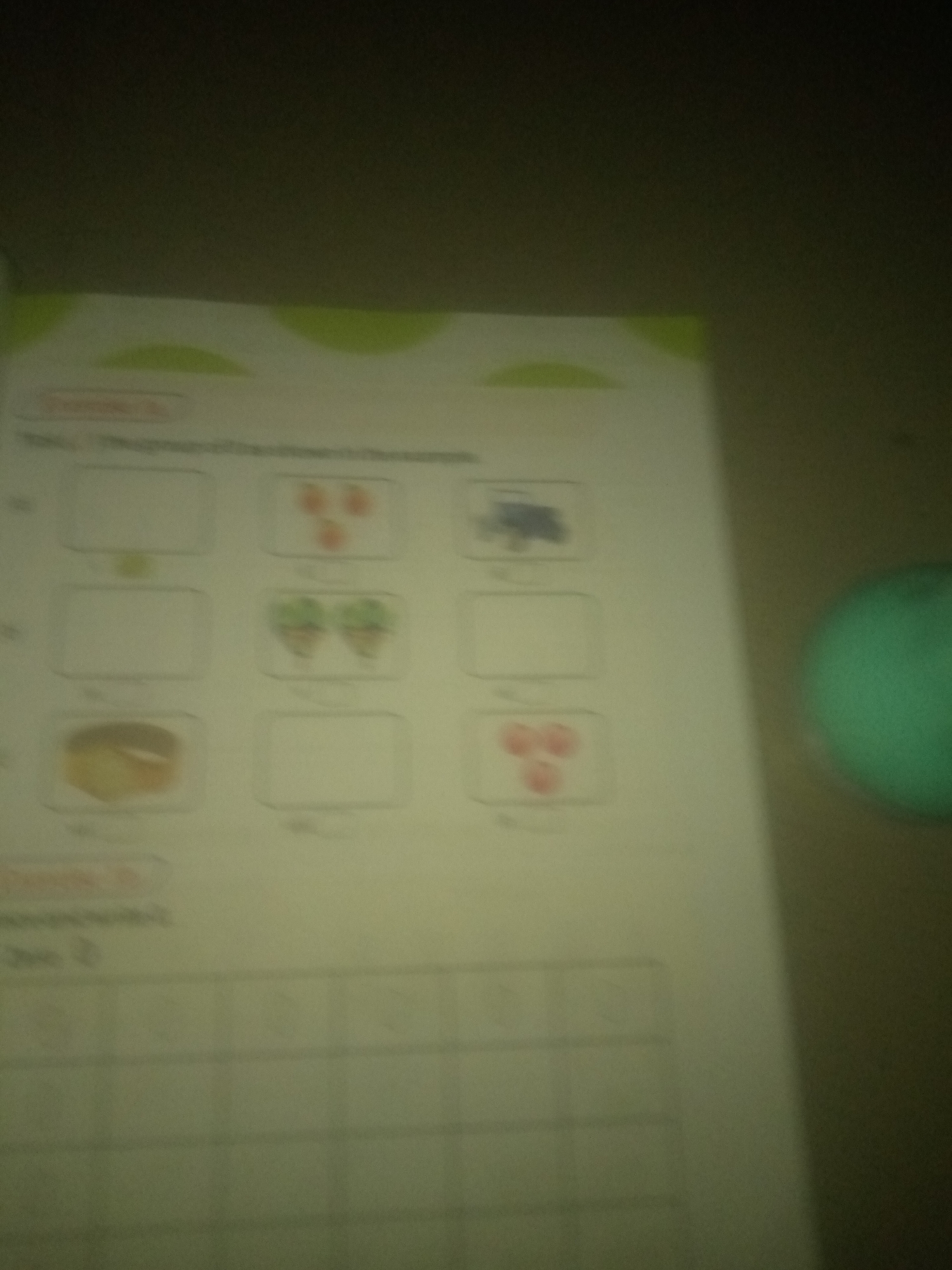 The image shows a page from what appears to be a children's workbook, featuring a grid and several boxes with drawings. The boxes contain illustrations of three cherries, two ice cream cones, a slice of cake, a blue toy car, and another box with three red circles that could represent cherries or other fruit. There is also a box with a single green circle. A table with grid lines is visible at the bottom of the page, suggesting an activity related to counting or categorization. The lighting is dim, and the image is slightly blurred, making it difficult to discern all details. There is no information within the image that pertains to the city of Jauro Yinu, Nigeria, or any specific geographical location. The image is a photograph of a printed page.