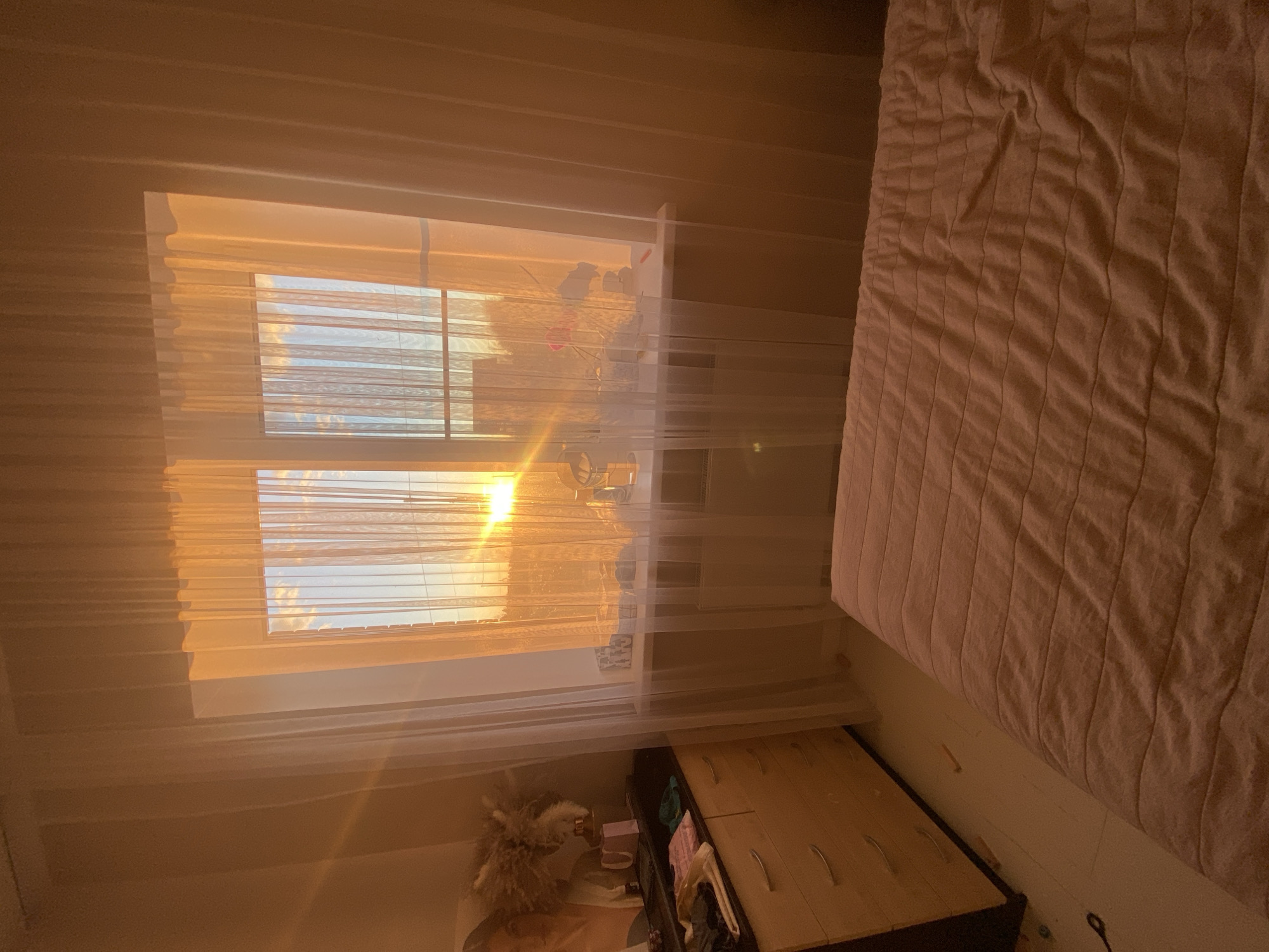 A room in Прикамский, Russia, is bathed in warm, golden sunlight filtering through a window covered by sheer white curtains and horizontal blinds. The window reveals a view of a partly cloudy sky. Adjacent to the window is a bed with a light pink, textured comforter. Beneath the window, a dark-stained wooden dresser with several drawers sits on the floor. The room appears tidy.