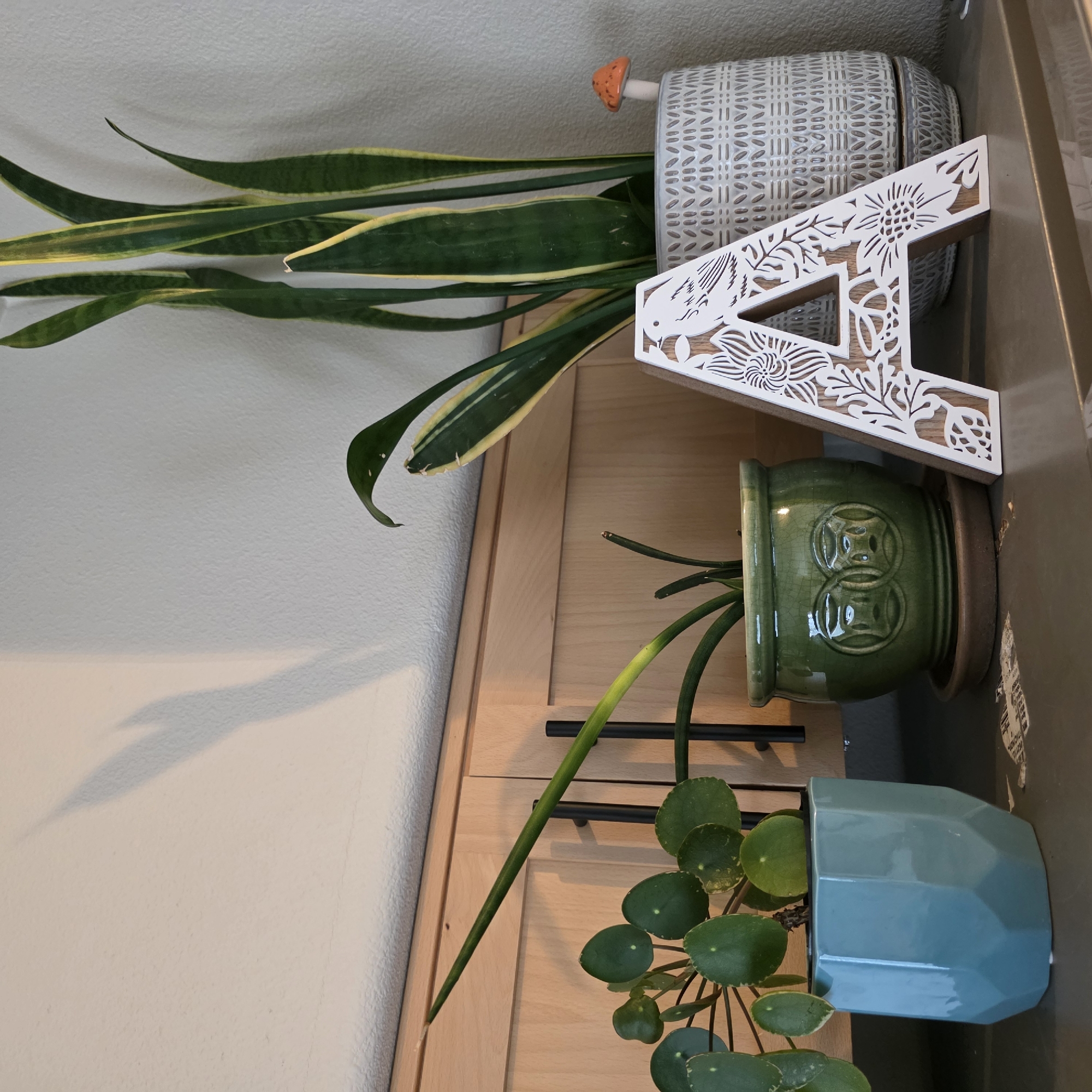 The image depicts a shelf with several potted plants and a decorative letter. The shelf is made of light-colored wood, and behind it, a light-colored textured wall is visible. A shadow from a plant is cast on the wall. On the left, a teal geometric pot holds a Pilea plant with round, coin-like leaves. To its right, a green ceramic pot with a raised circular pattern contains a snake plant. Further to the right, a tall snake plant is in a grey and white patterned ceramic pot. A small, orange mushroom decoration is placed in this pot. In the foreground, a white wooden letter "A" with a cutout floral and bird design stands on the shelf. The objects are arranged in a domestic indoor setting, possibly a home or office in Beaverton, Oregon, United States.
