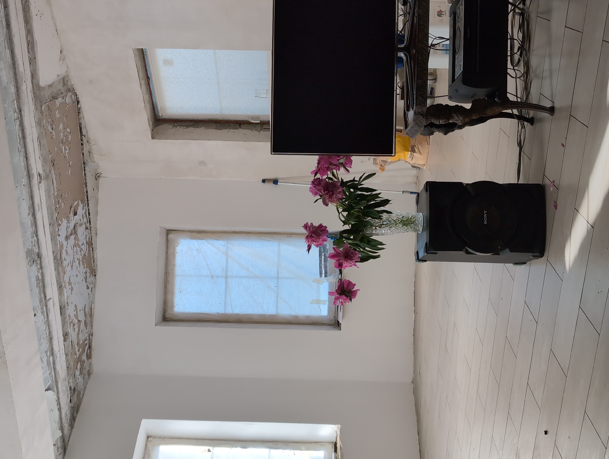The image depicts an interior scene within a room under renovation. The room is sparsely furnished and appears unfinished, with exposed ceiling elements showing peeling paint and plaster. The walls are painted white, and there are two windows covered with a light-colored fabric or plastic sheeting.
In the foreground, a vase of pink peonies sits on top of a black speaker. To the right of the speaker, a flat-screen television is placed on an ornate, dark-colored table. Beneath the television, a black audio system with a CD player is visible, along with a tangle of wires. A broom with a blue handle leans against the wall near the window on the right. The floor is tiled with light-colored rectangular tiles. In the background, a yellow bag, possibly containing construction materials, is partially visible.
The scene is likely located in an apartment or house, given the domestic elements like the television and audio system. The overall impression is one of a living space undergoing renovation or preparation for use. The presence of construction materials and unfinished elements suggests that the space is not yet fully functional. The image does not provide specific indicators of the city of Вышки, Russia, beyond the context provided in the prompt.