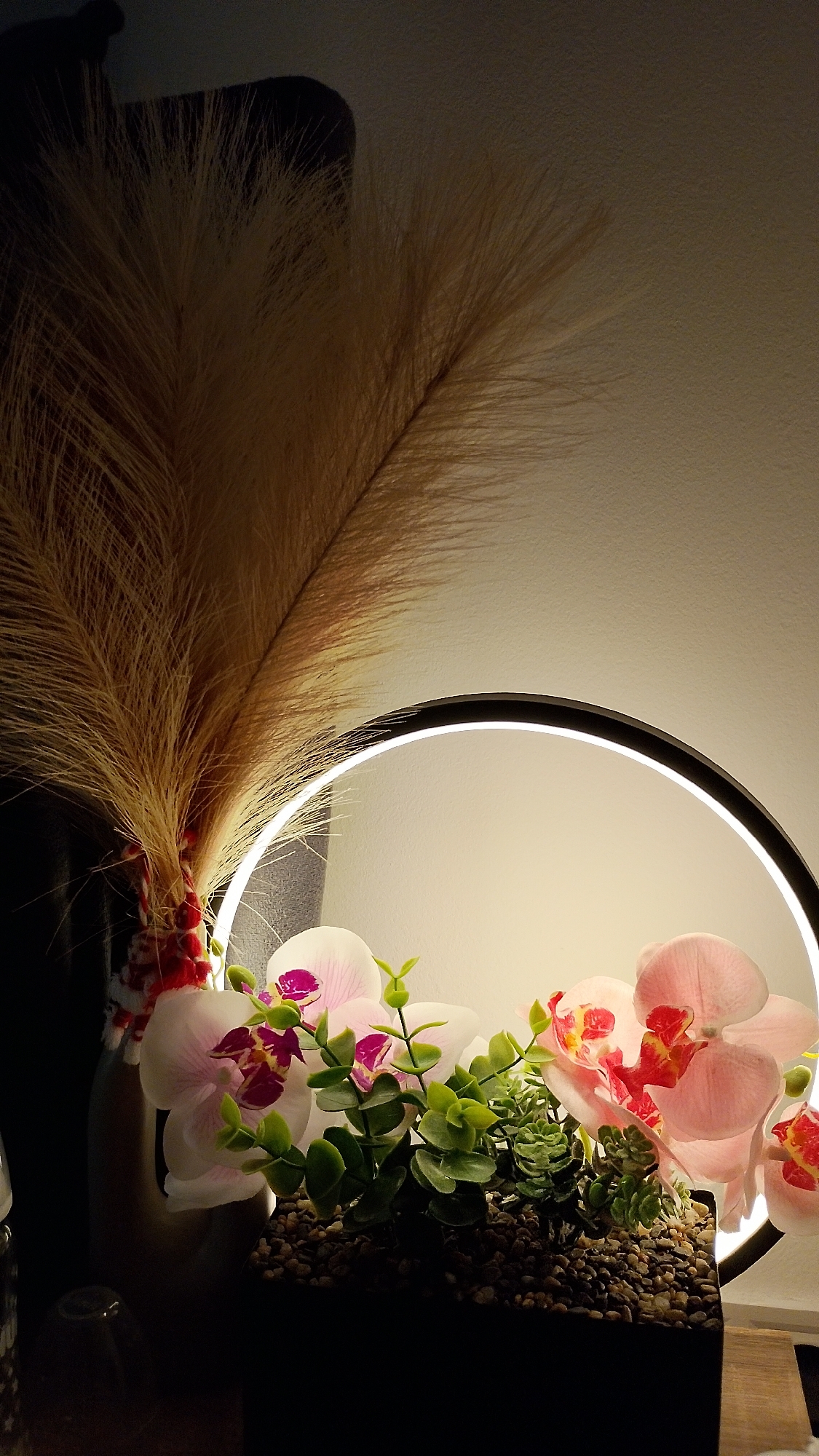 The image shows a close-up of an artificial floral arrangement. The arrangement features several artificial pink and white orchids with dark pink centers, interspersed with green foliage. The flowers and foliage are situated in a dark rectangular planter filled with small pebbles. Behind the planter, a large, fluffy, dried pampas grass plume is visible, extending upwards and to the left. A thin, circular black frame with a bright LED light runs behind the arrangement, illuminating the scene. The background is a plain, light-colored wall, with a darker, indistinct shape visible on the far left. There are no people or animals present in the image. The lighting suggests an indoor setting, possibly a home or business. There is no information in the image to suggest a location in Smolyan, Bulgaria.