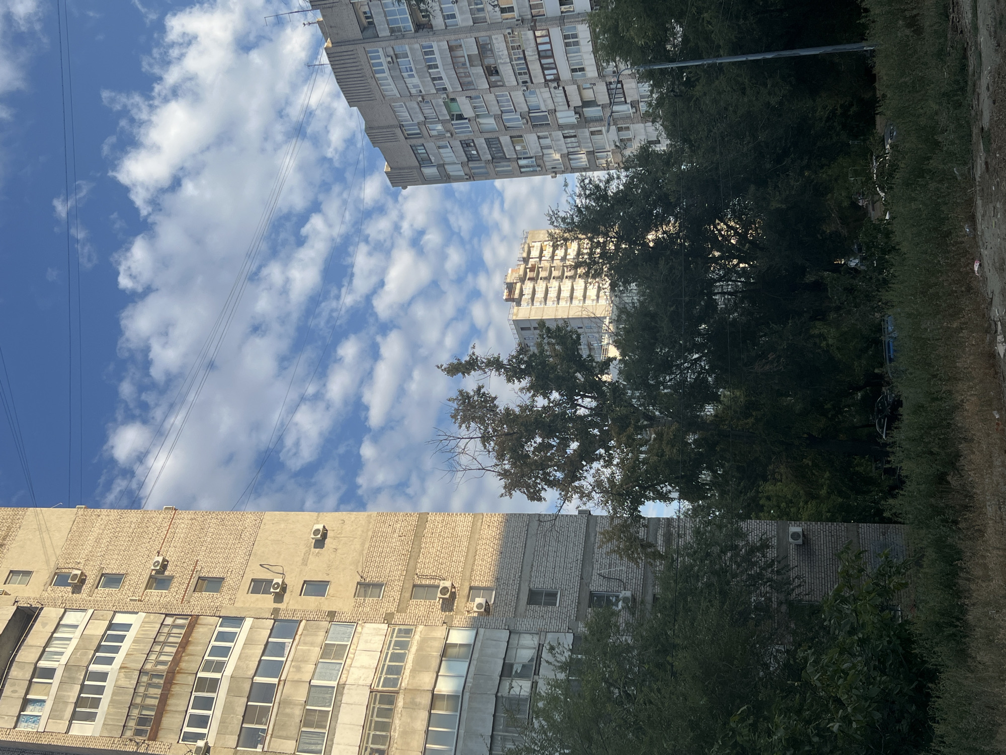 The image is a street-level, eye-level shot of an urban residential area in Volgograd, Russia, under a partly cloudy blue sky. On the left, a multi-story apartment building constructed of light-colored brick and concrete panels dominates the foreground. Its facade features numerous windows, balconies, and visible air conditioning units. To the right of this building, and further back, are two more similar apartment buildings. Dense green trees and foliage fill the mid-ground, obscuring the lower portions of the buildings and the ground. In the distance, on the right, a tall, grey apartment building with a distinctive corrugated facade rises. The scene is likely captured during daylight hours, with natural light illuminating the buildings and sky. No people are visible in the frame. The overall impression is that of a typical Soviet-era residential block characteristic of many Russian cities.