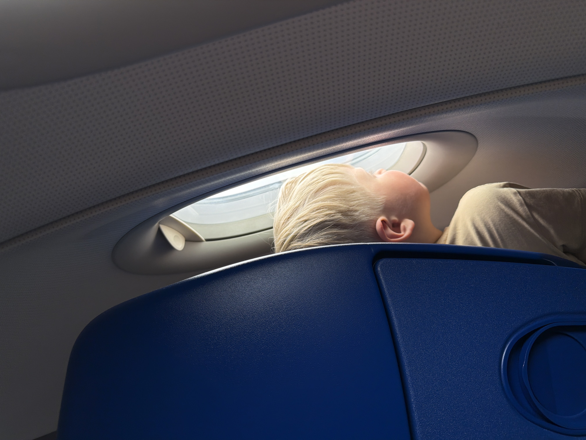 A person with short, blonde hair is looking out of an airplane window. The person is positioned behind a blue airplane seat. The interior of the airplane is visible, including the overhead paneling with a textured, dotted pattern. Outside the window, the sky appears bright. The location is not specified in the image.