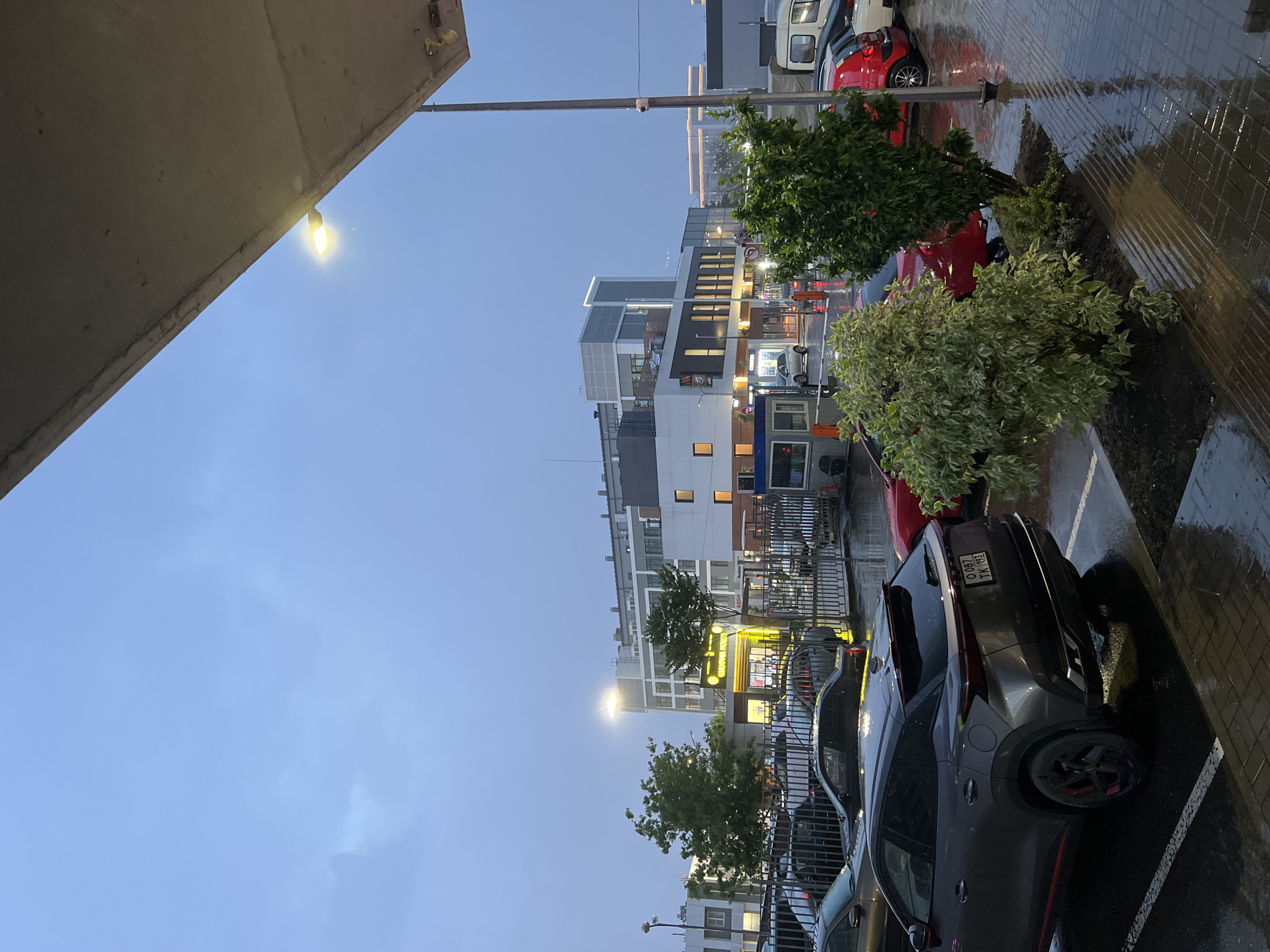 The image captures a rainy day in Krasnodar, Russia, likely in an urban commercial or residential area. In the foreground, a dark grey crossover SUV is parked on a wet paved surface marked with white lines. The car's rear is visible, showing a license plate reading "O 087 TK 193". To the right of the SUV, a red compact car is also parked on the wet pavement.
Behind the vehicles, a metal fence separates the parking area from a walkway or entrance. A small security booth with a glass enclosure is visible behind the fence. Several trees and bushes, some with variegated leaves, are planted in small garden beds.
In the background, a modern multi-story building complex dominates the scene. The building features a combination of white and grey facades, with numerous windows and some illuminated sections. A prominent sign with yellow lettering, likely for a food establishment, is visible on one of the lower levels of the building, reading "ШАУРМА HOUSE" (Shaurma House). Streetlights are illuminated, casting a warm glow on the wet surroundings. The sky is overcast and a pale blue, typical of a rainy or cloudy day. The overall impression is one of a contemporary urban environment experiencing inclement weather.
