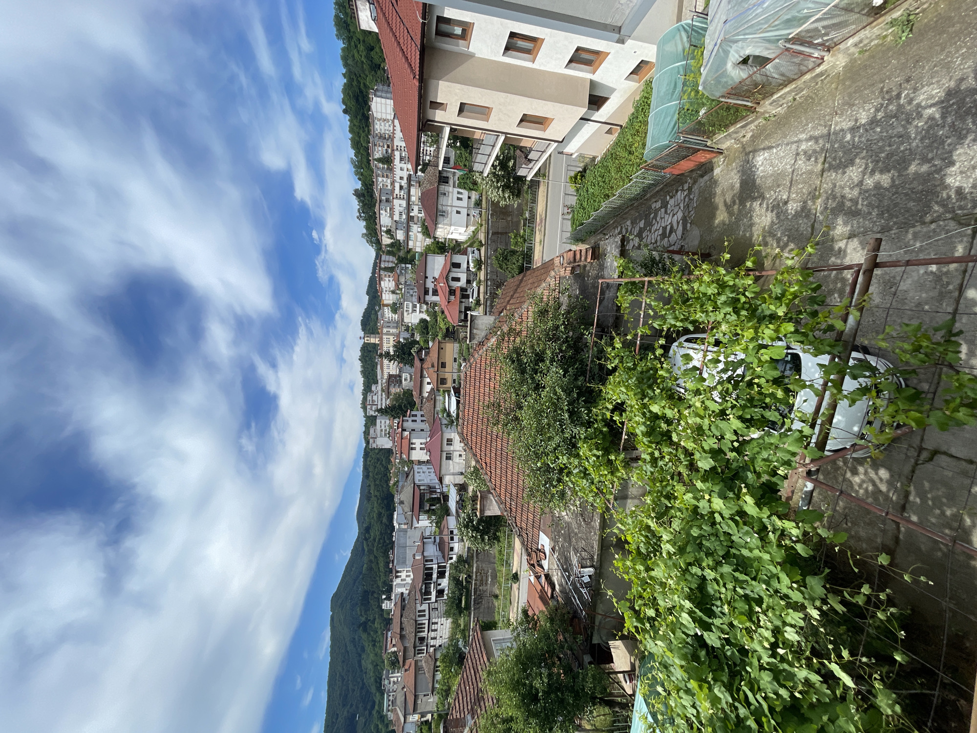 The image depicts a view of the city of Zlatograd, Bulgaria, from an elevated perspective. In the foreground, lush green vines drape over a rusty metal frame, partially obscuring a white vehicle parked on a concrete surface. Beyond this, several terracotta-tiled roofs of residential buildings are visible, interspersed with trees and greenery.
The mid-ground shows a street winding through the city, lined with more houses of various architectural styles, some featuring red tile roofs and others with white or beige facades. In the distance, the city extends up a gentle slope, with apartment buildings and other structures creating a dense urban landscape. A prominent clock tower with a steeple is visible on the left side of the distant cityscape, a likely landmark in Zlatograd.
The background is dominated by rolling green hills covered in dense forest, suggesting a natural landscape surrounding the city. The sky is partly cloudy, with dramatic formations of white clouds against a bright blue backdrop, indicating fair weather. The overall impression is of a residential area within a city nestled amongst hills, showcasing a mix of traditional and modern architecture.