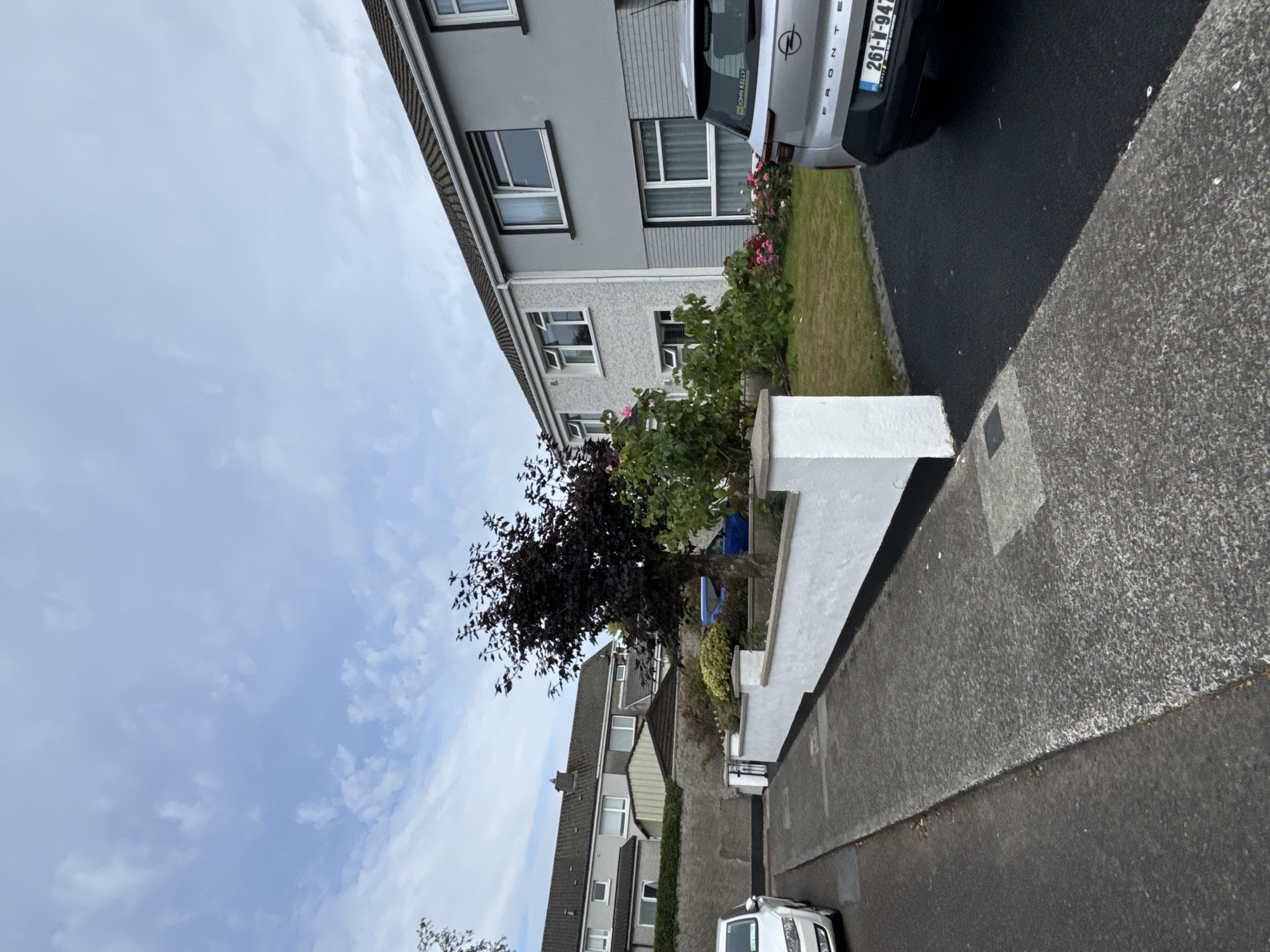 The image shows a residential street in Waterford, Ireland. On the right side of the frame is a silver car with license plate 261-W-947 parked on an asphalt driveway. Behind the car are two attached houses with grey and white facades. A small lawn with pink flowers is in front of the houses. To the left of the driveway is a paved sidewalk and a grey wall. A dark-leaved tree stands behind the wall. In the distance, more houses and trees are visible. The sky is partly cloudy.